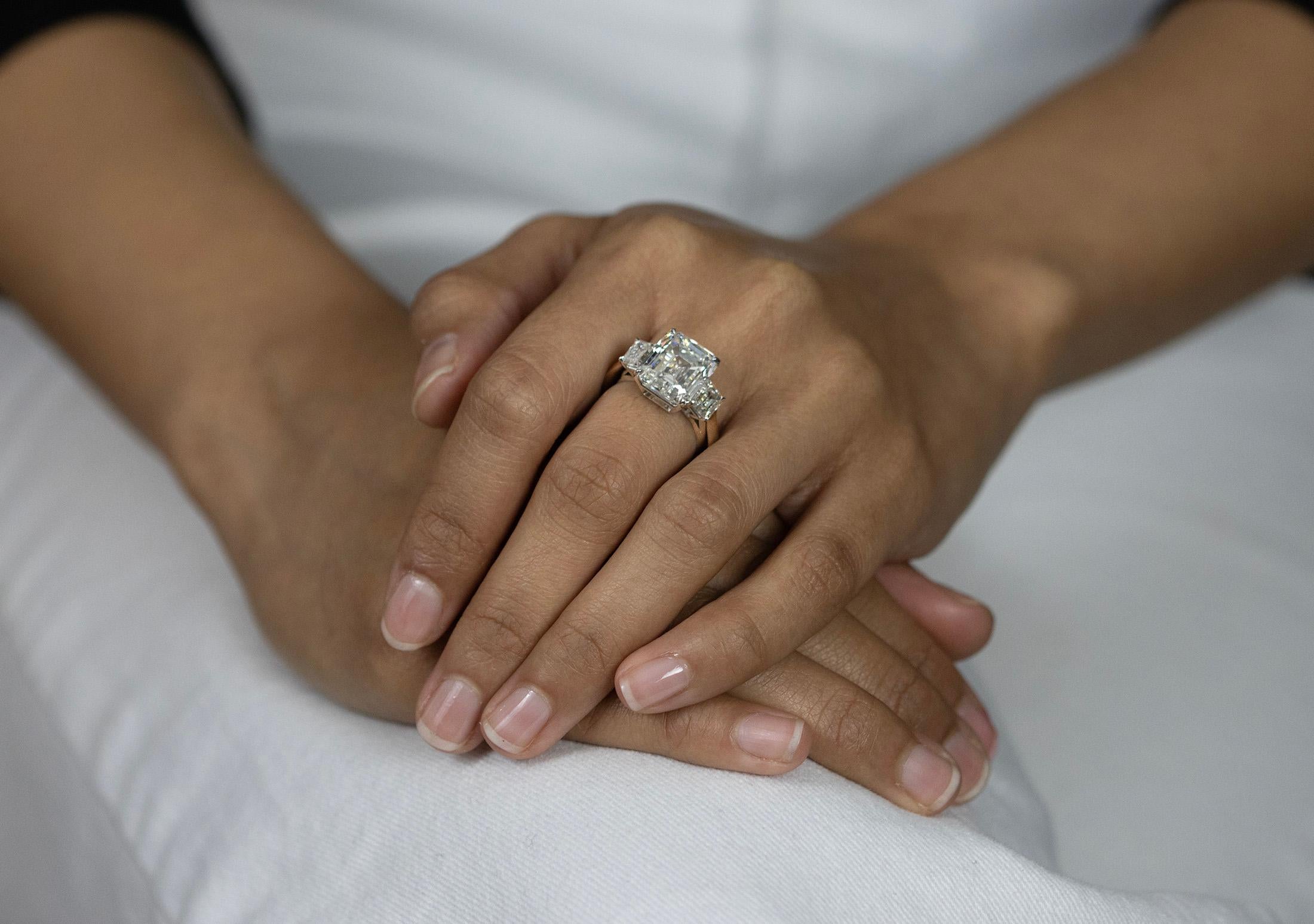 GIA Certified 6.73 Carats Emerald Cut Diamond Three-Stone Engagement Ring For Sale 1