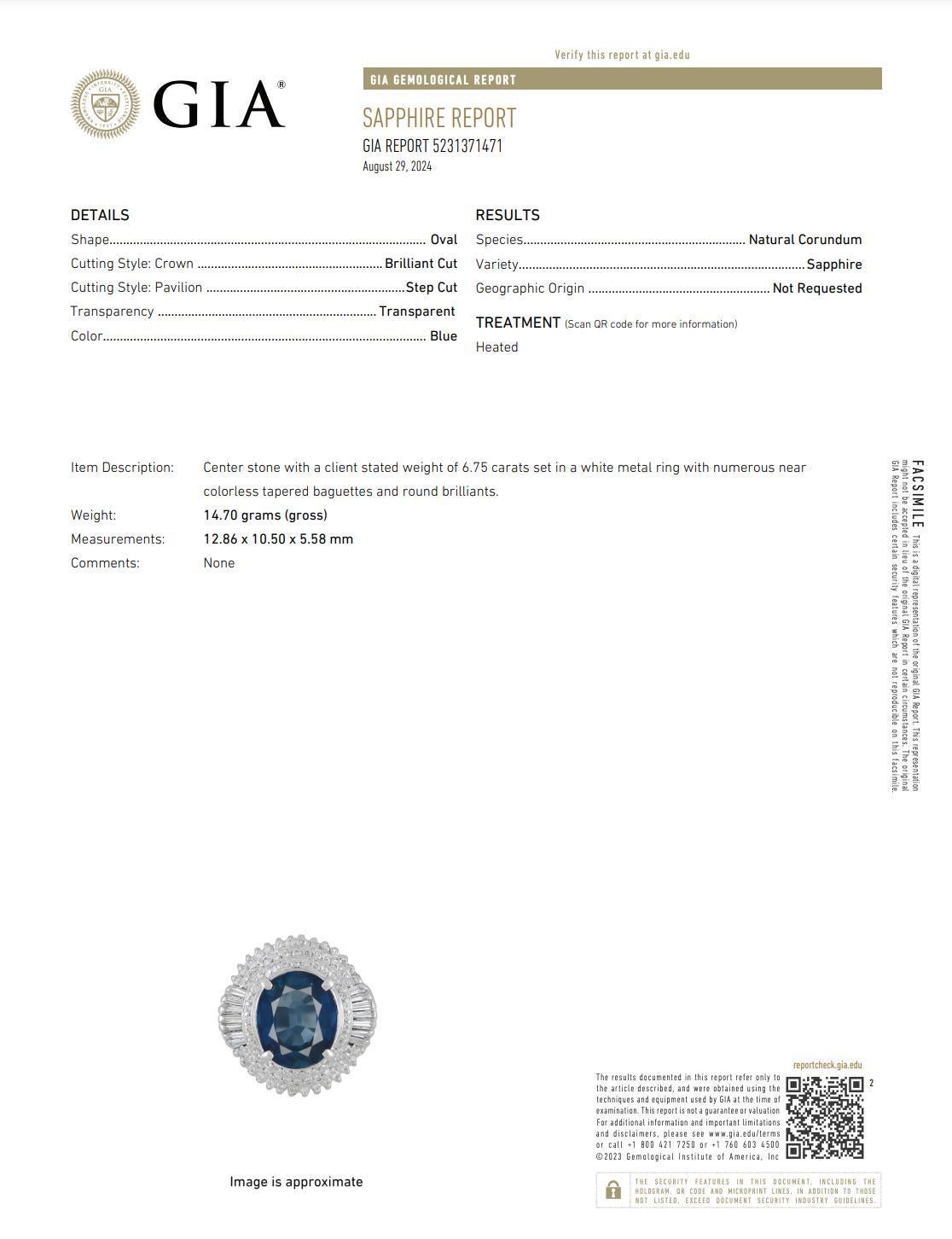 GIA Certified 6.75 Carat Oval Blue Sapphire and Diamond Ballerina Ring For Sale 4