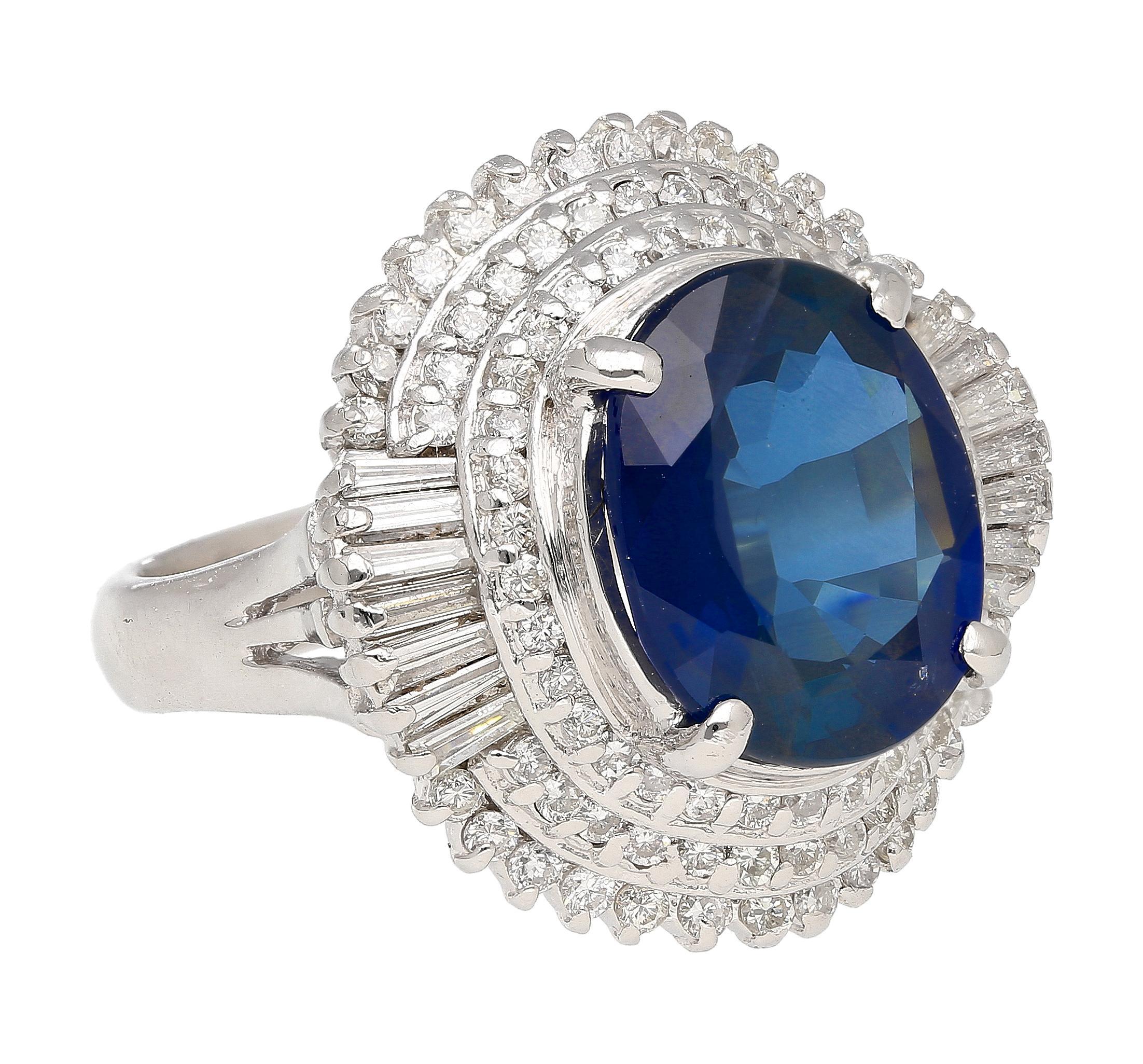 GIA Certified 6.75 Carat Oval Blue Sapphire and Diamond Ballerina Ring In New Condition For Sale In Miami, FL