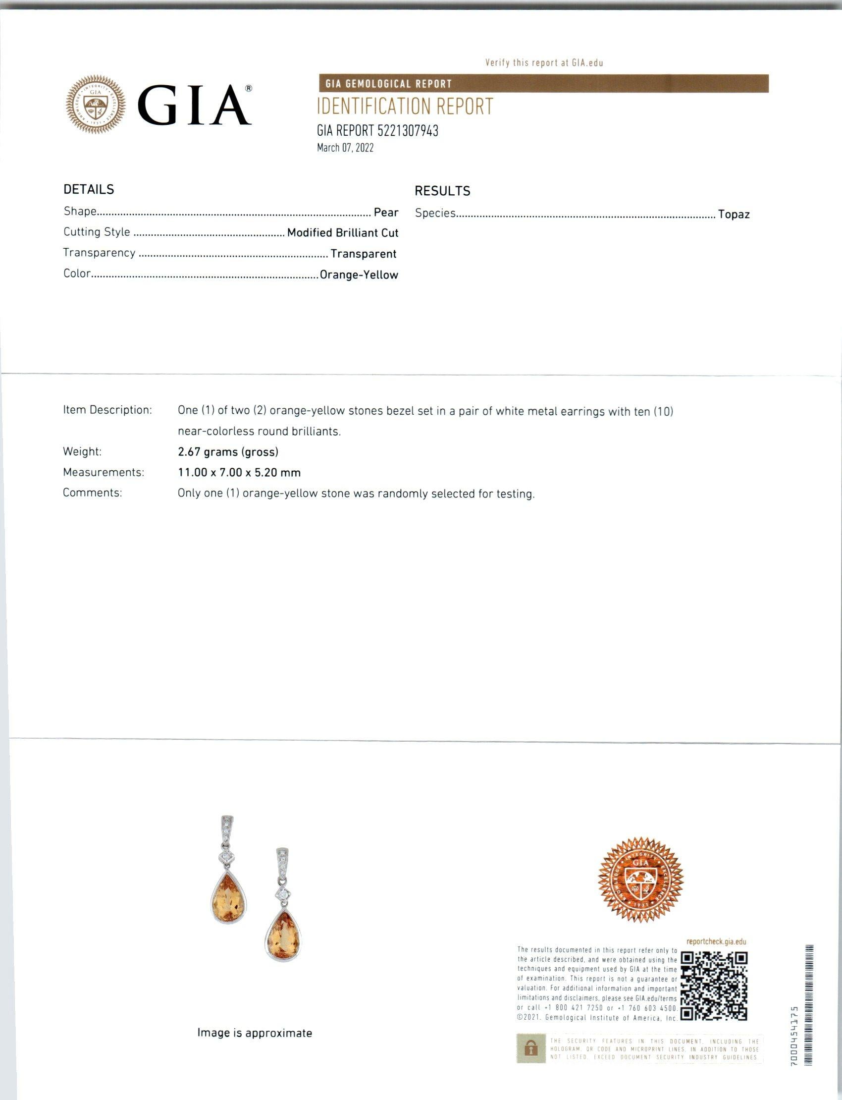 Pear Cut GIA  Certified 6.78 Carat Topaz Diamond White Gold Dangle Earrings For Sale