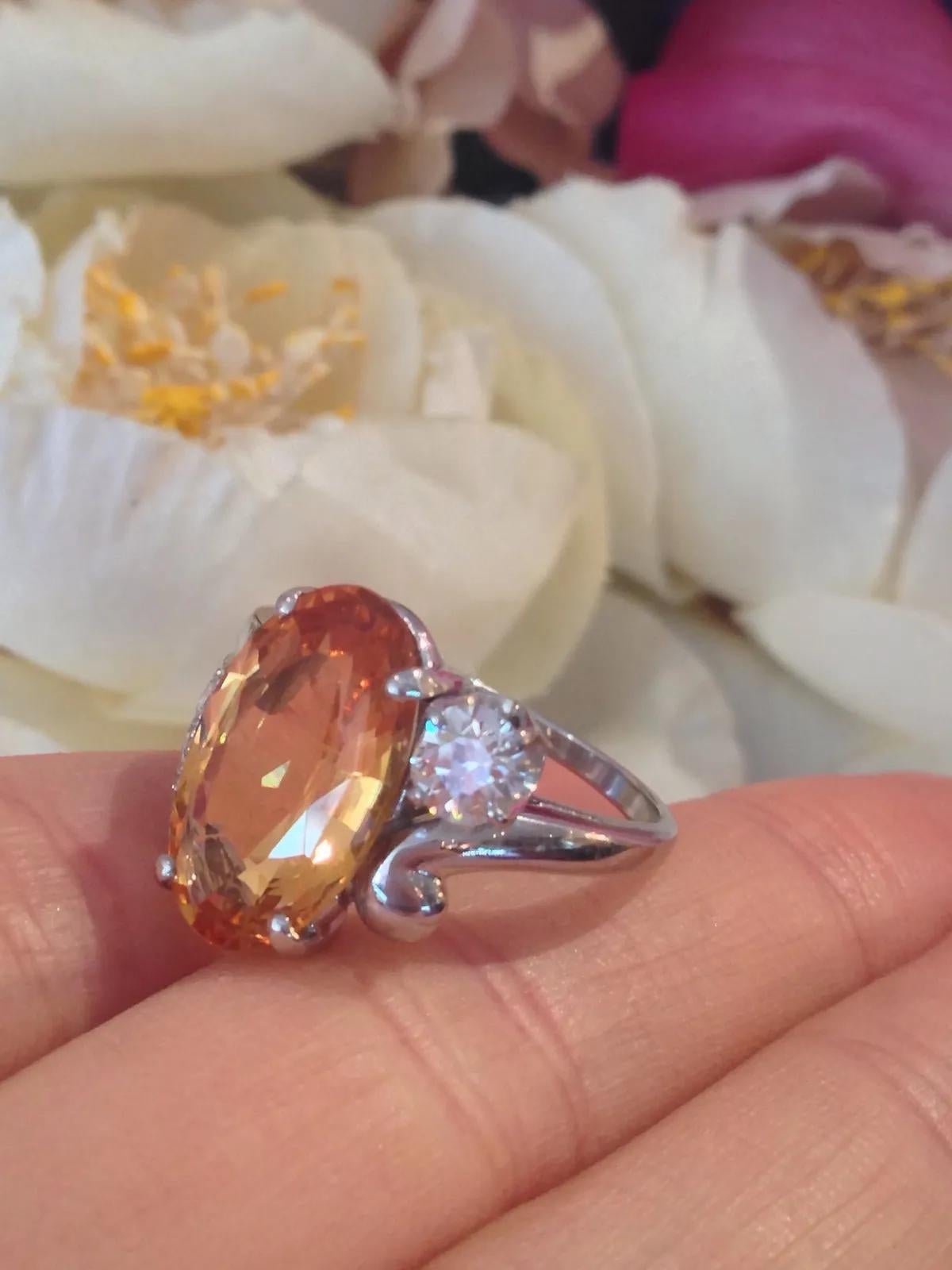 GIA certified 6.78 carat Yellow-Orange Topaz and Diamond Ring in Platinum In Excellent Condition For Sale In La Jolla, CA