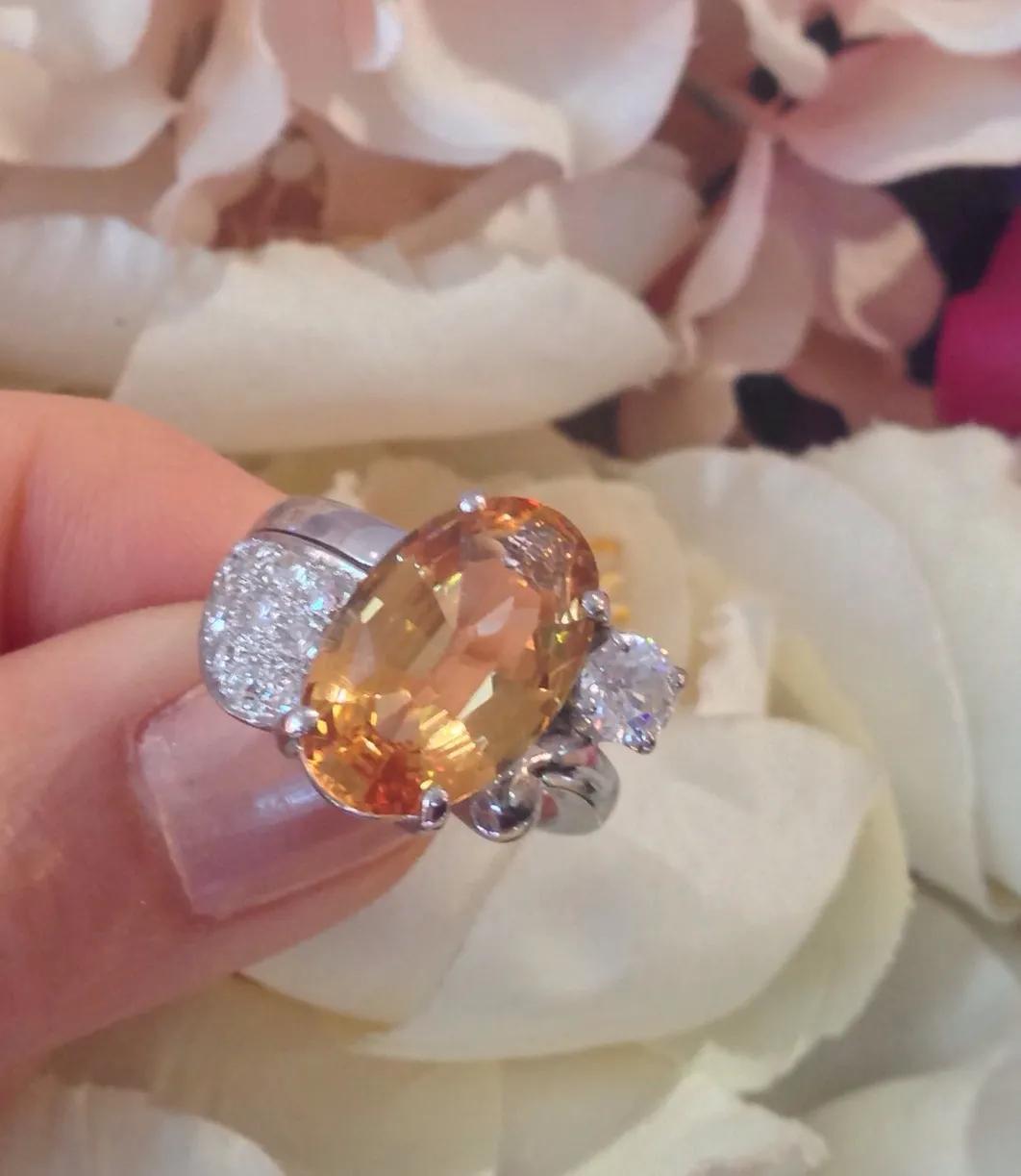 Women's or Men's GIA certified 6.78 carat Yellow-Orange Topaz and Diamond Ring in Platinum For Sale