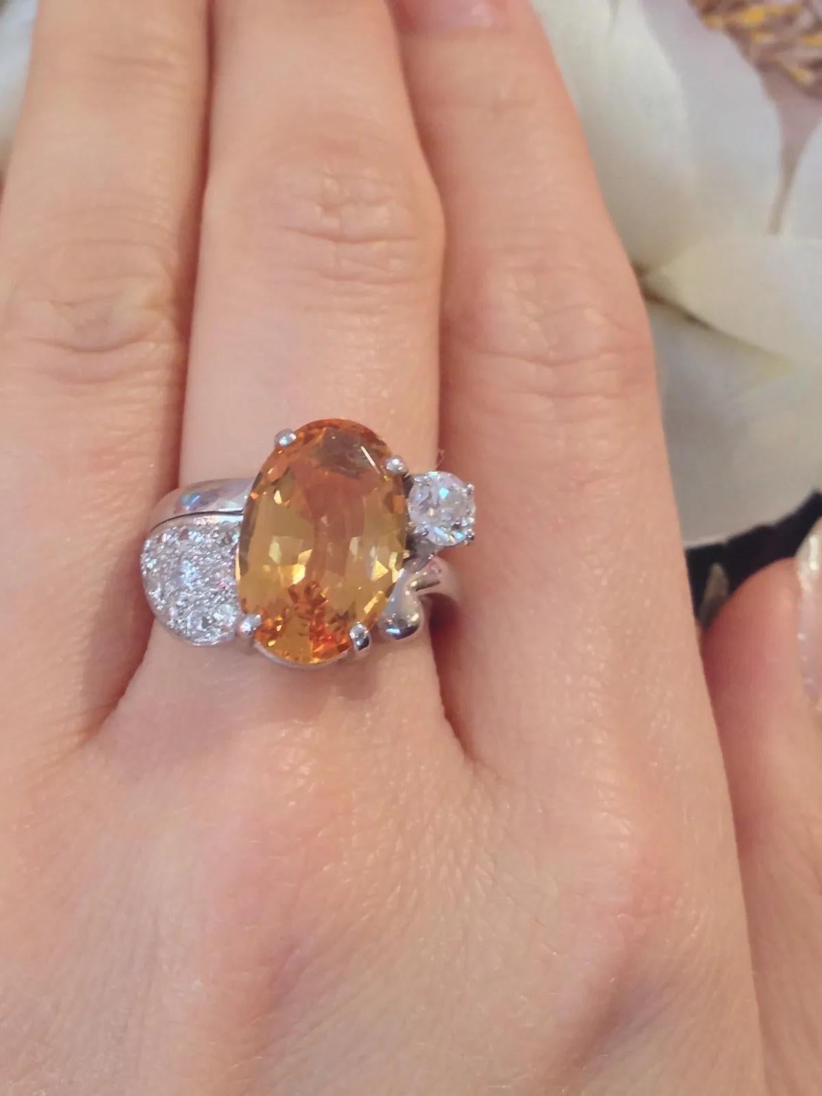 GIA certified 6.78 carat Yellow-Orange Topaz and Diamond Ring in Platinum For Sale 2