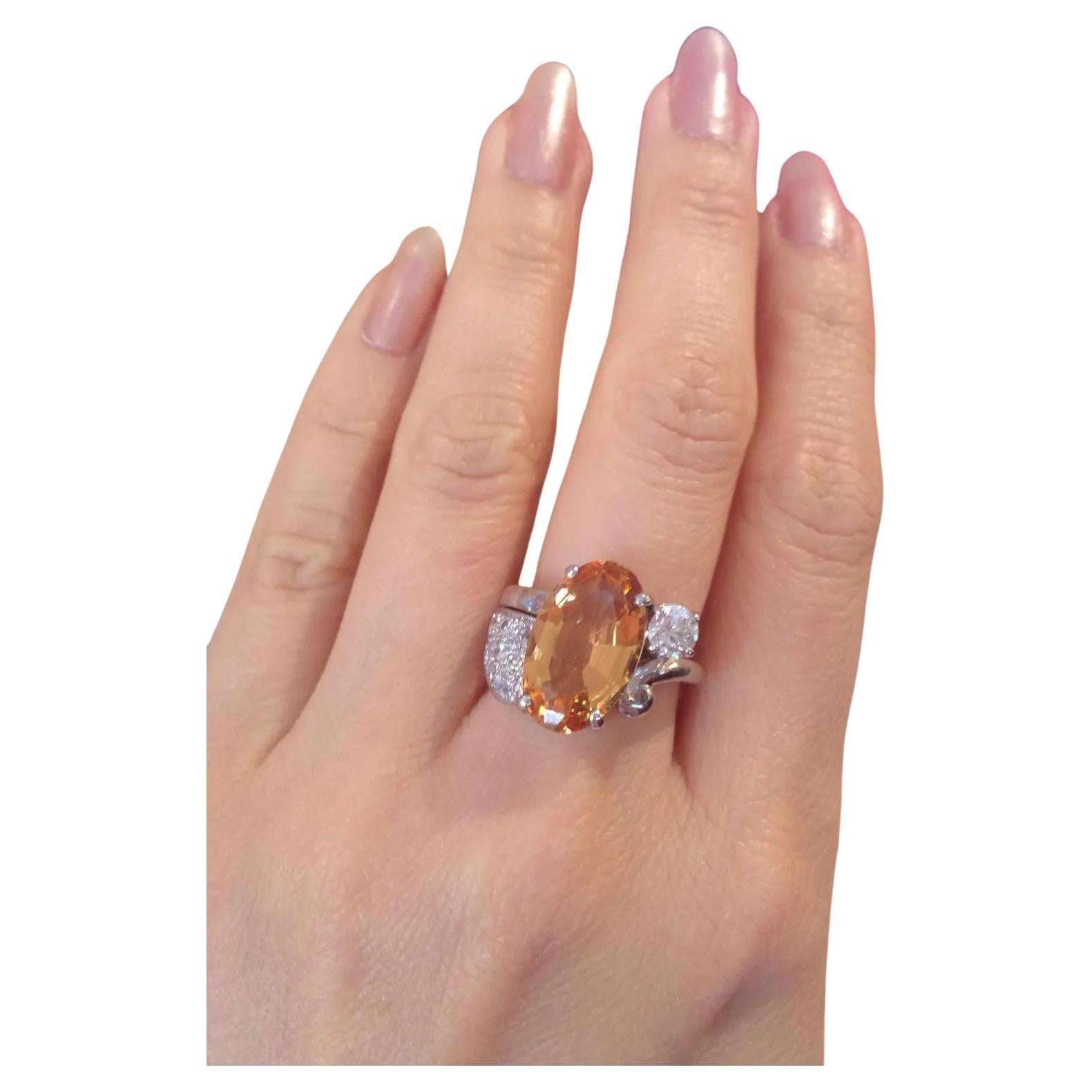 GIA certified 6.78 carat Yellow-Orange Topaz and Diamond Ring in Platinum