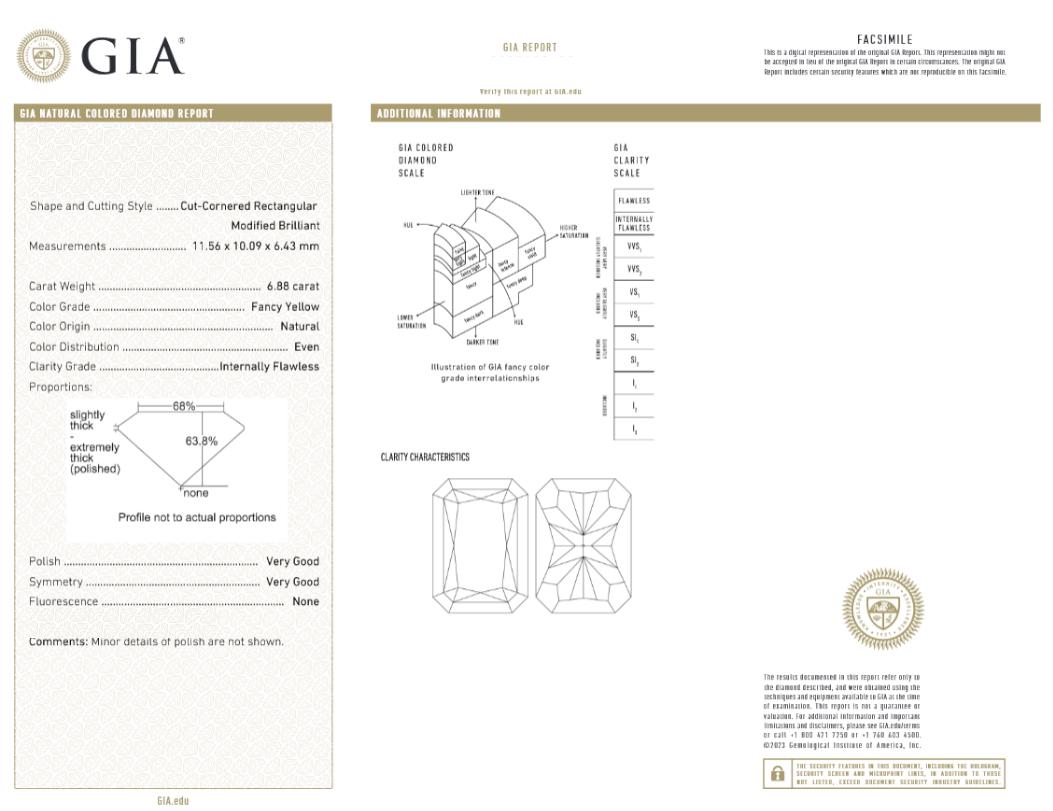 Radiant Cut GIA Certified 6.8 Carat Internally Flawless Fancy Yellow Diamond Ring For Sale