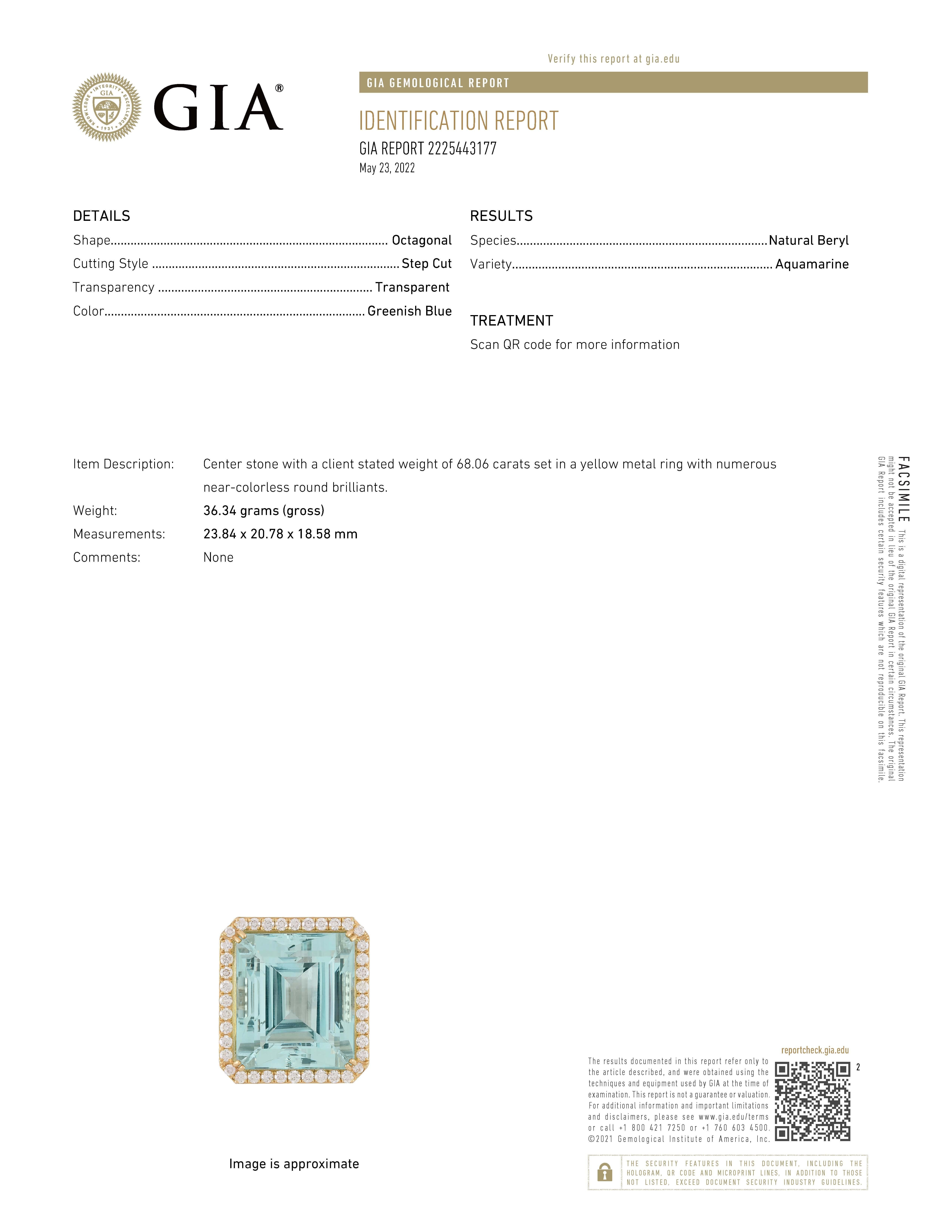 Women's GIA Certified 68.06 Carat Aquamarine Diamond Ring For Sale