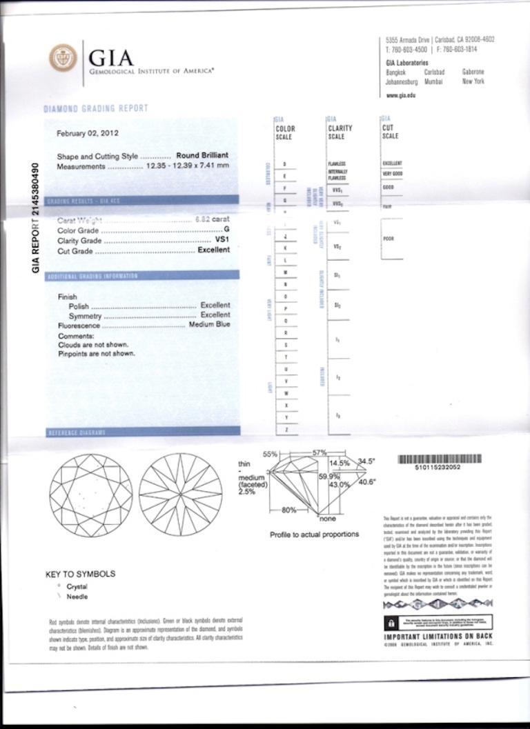 GIA Certified 6.82 Carat, G Color, VS1 Clarity, Round Brilliant Loose Diamond In New Condition For Sale In Miami, FL