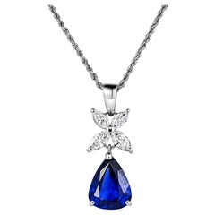 GIA Certified 6.82 Carat Pear Cut No Heat Blue Sapphire Drop Pendant Necklace