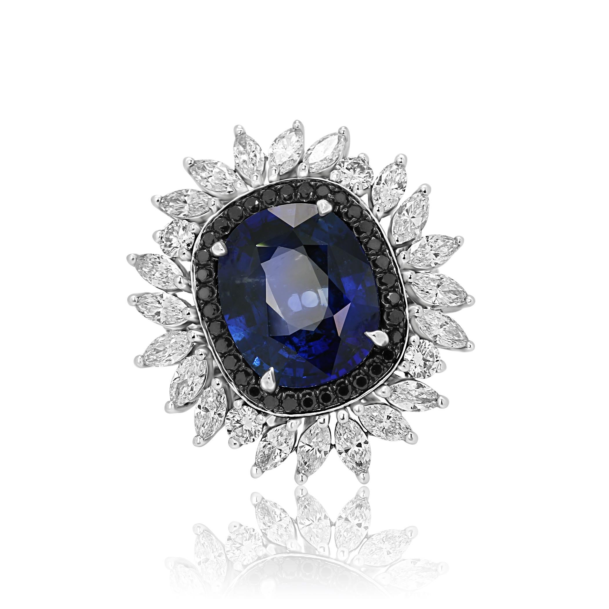 GIA Certified Natural Blue Sapphire Cushion 6.83 Carat Heated Only encircled in a Double Halo of Black Diamonds 0.30 Carat and 20 Colorless VS-SI Diamond Marquise 1.62 Carat and Colorless VS-SI diamond Rounds 0.71 Carat set in One of a Kind 18K