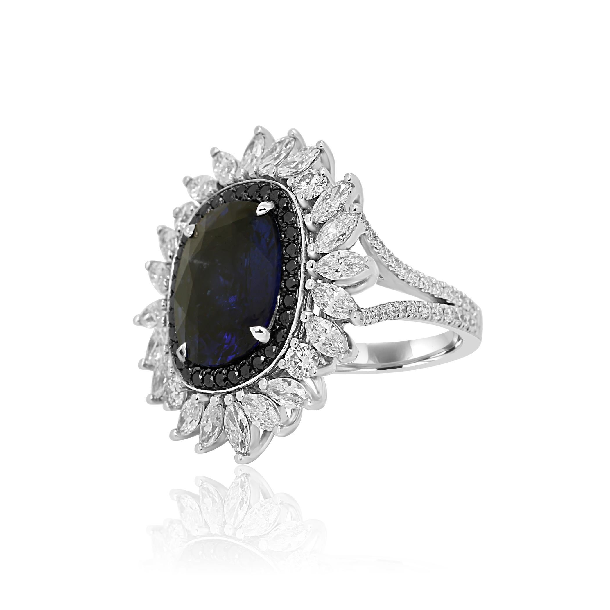 Contemporary GIA Certified 6.83 Carat Blue Sapphire Diamond Halo Fashion Cocktail Gold Ring
