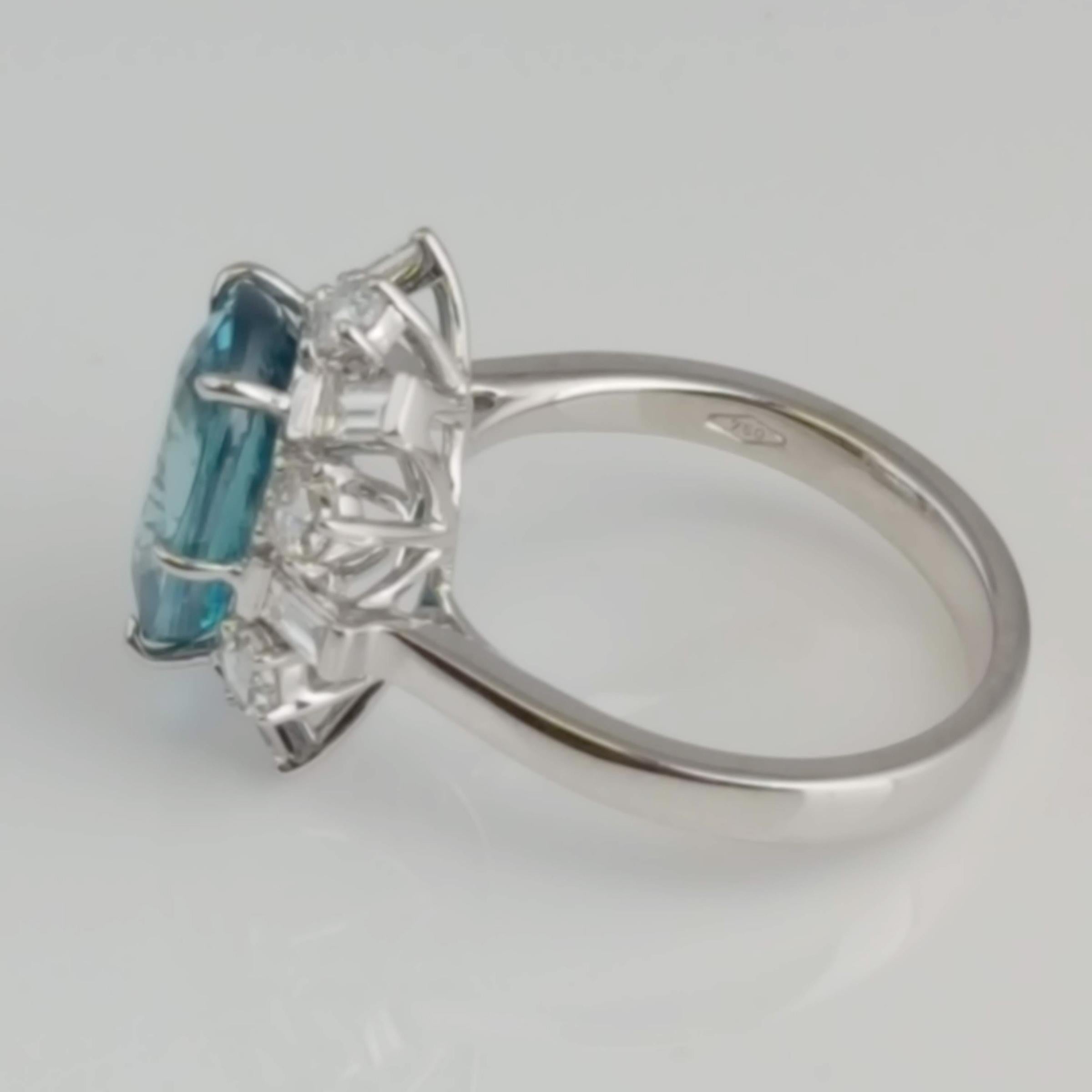 GIA Certified 6.85 Carat Oval Cut Blue Zircon and Diamond Ring in 18W ref1313 In New Condition For Sale In New York, NY