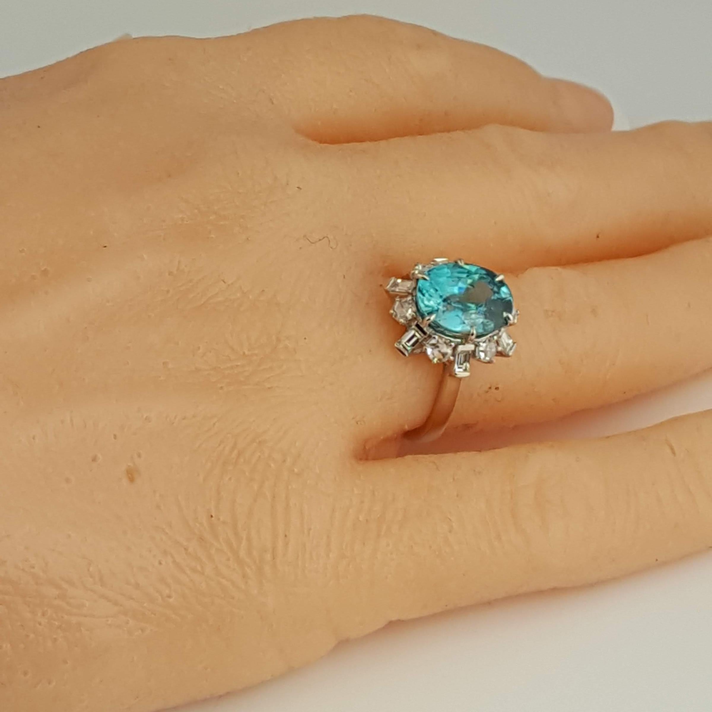 GIA Certified 6.85 Carat Oval Cut Blue Zircon and Diamond Ring in 18W ref1313 For Sale 1
