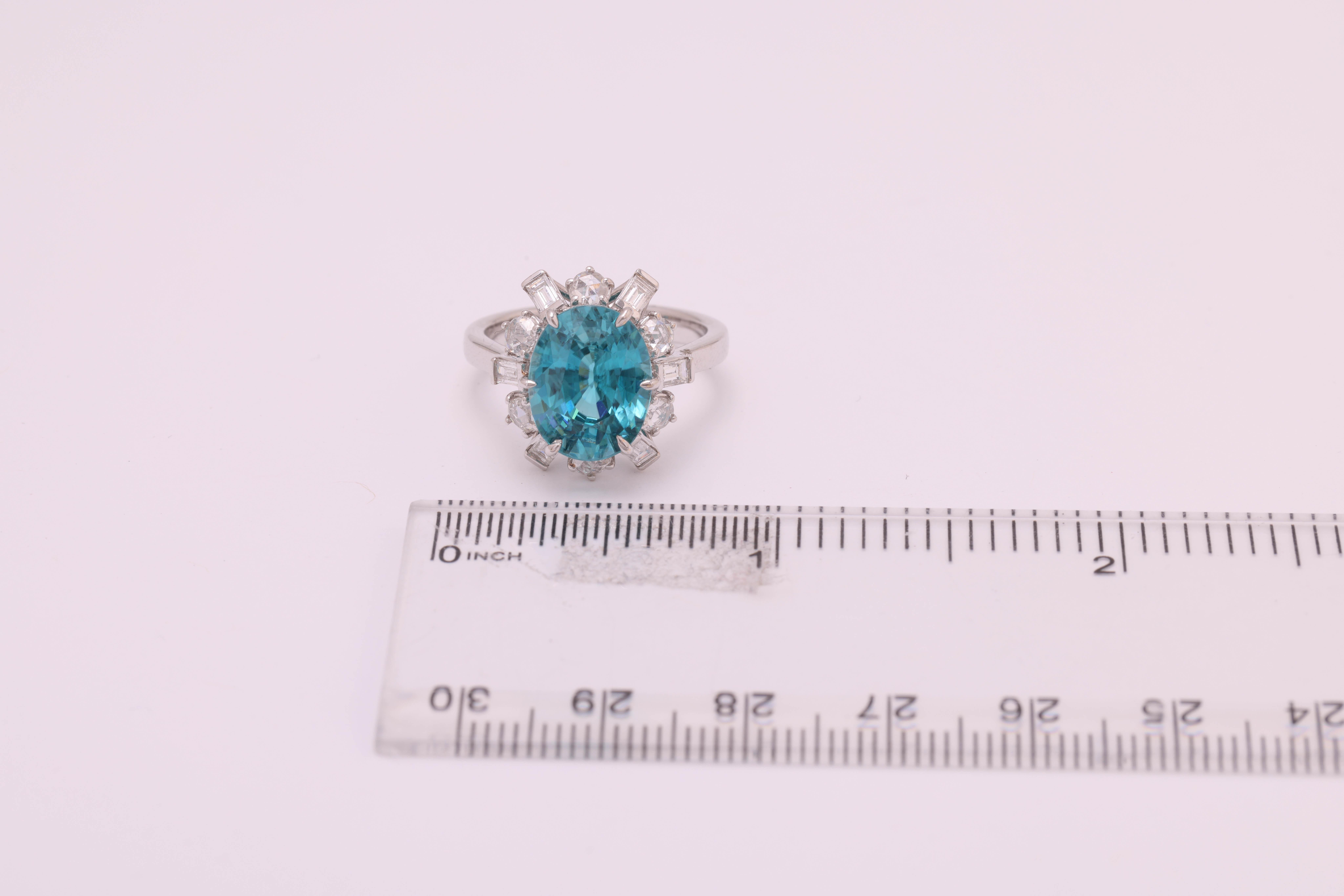 GIA Certified 6.85 Carat Oval Cut Blue Zircon and Diamond Ring in 18W ref1313 For Sale 2