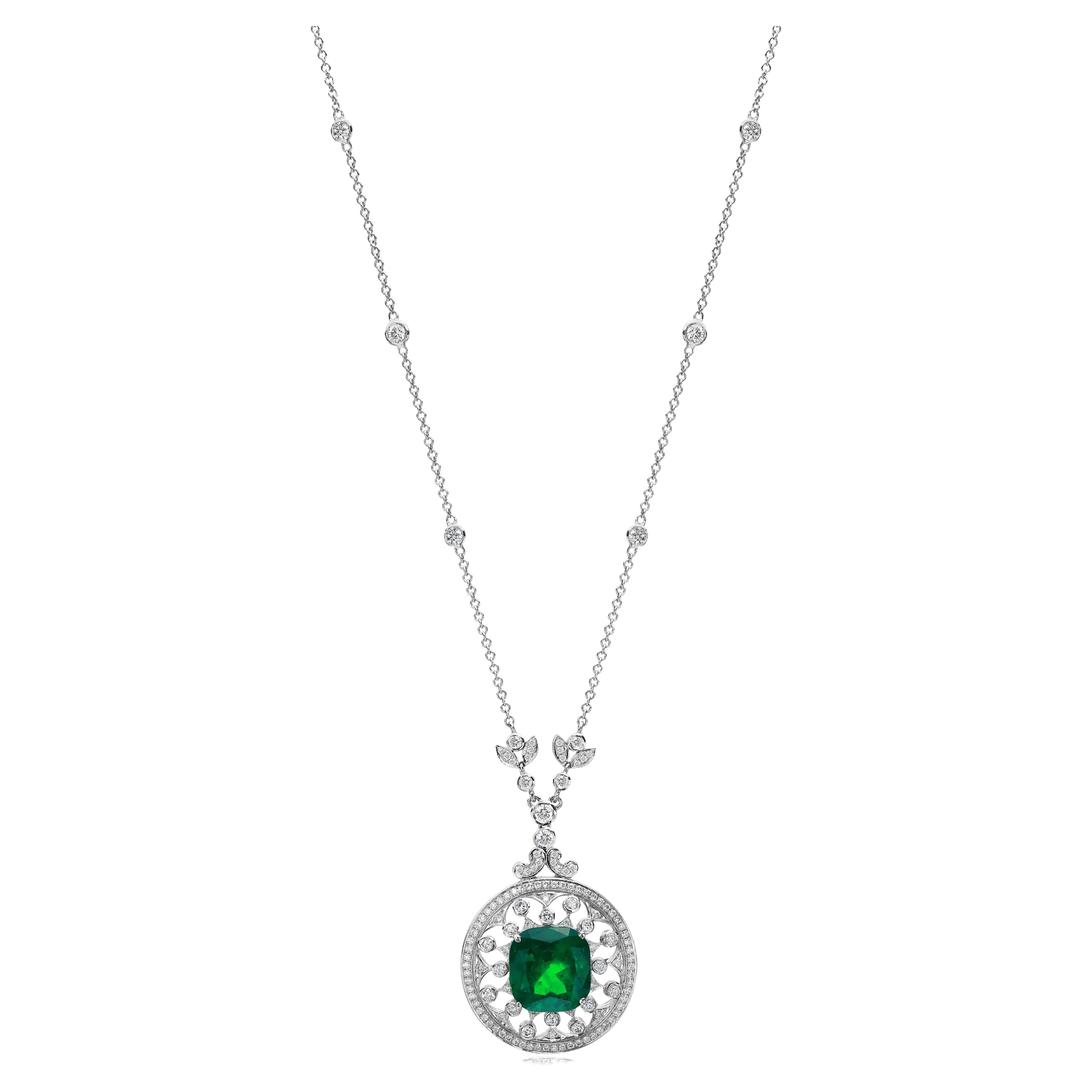 GIA Certified 6.88 Carat Emerald and Diamond Necklace For Sale