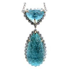 GIA Certified 68.90ct Natural Carved Cabochon Aquamarine Diamonds Necklace 18kt