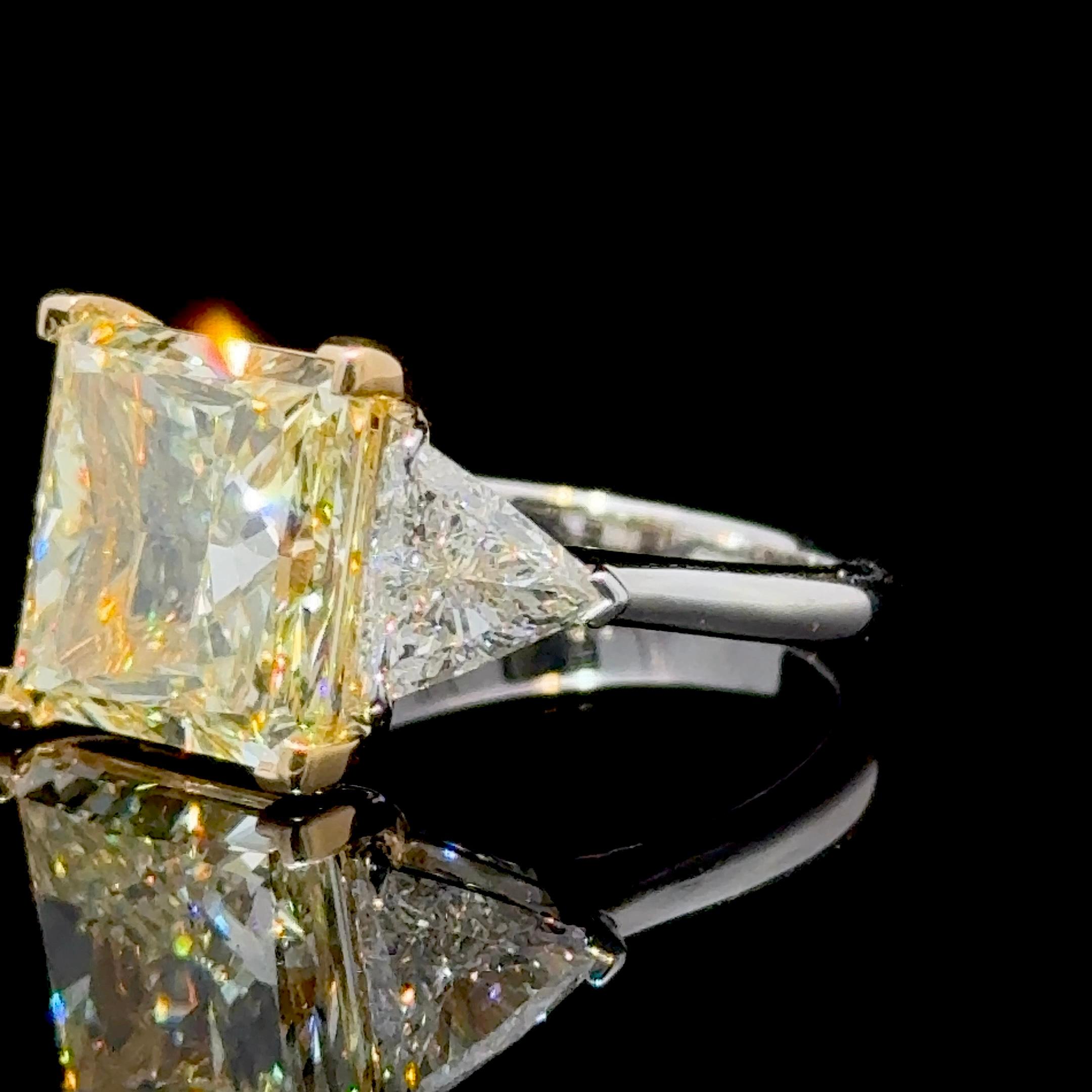 Women's GIA Certified 6.91 Carat Princess Cut Yellow Diamond Three Stone Ring For Sale