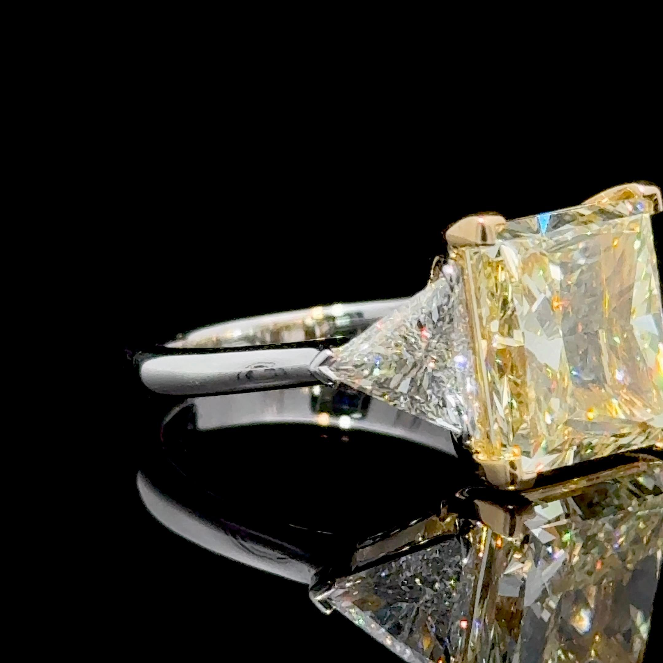 GIA Certified 6.91 Carat Princess Cut Yellow Diamond Three Stone Ring For Sale 1