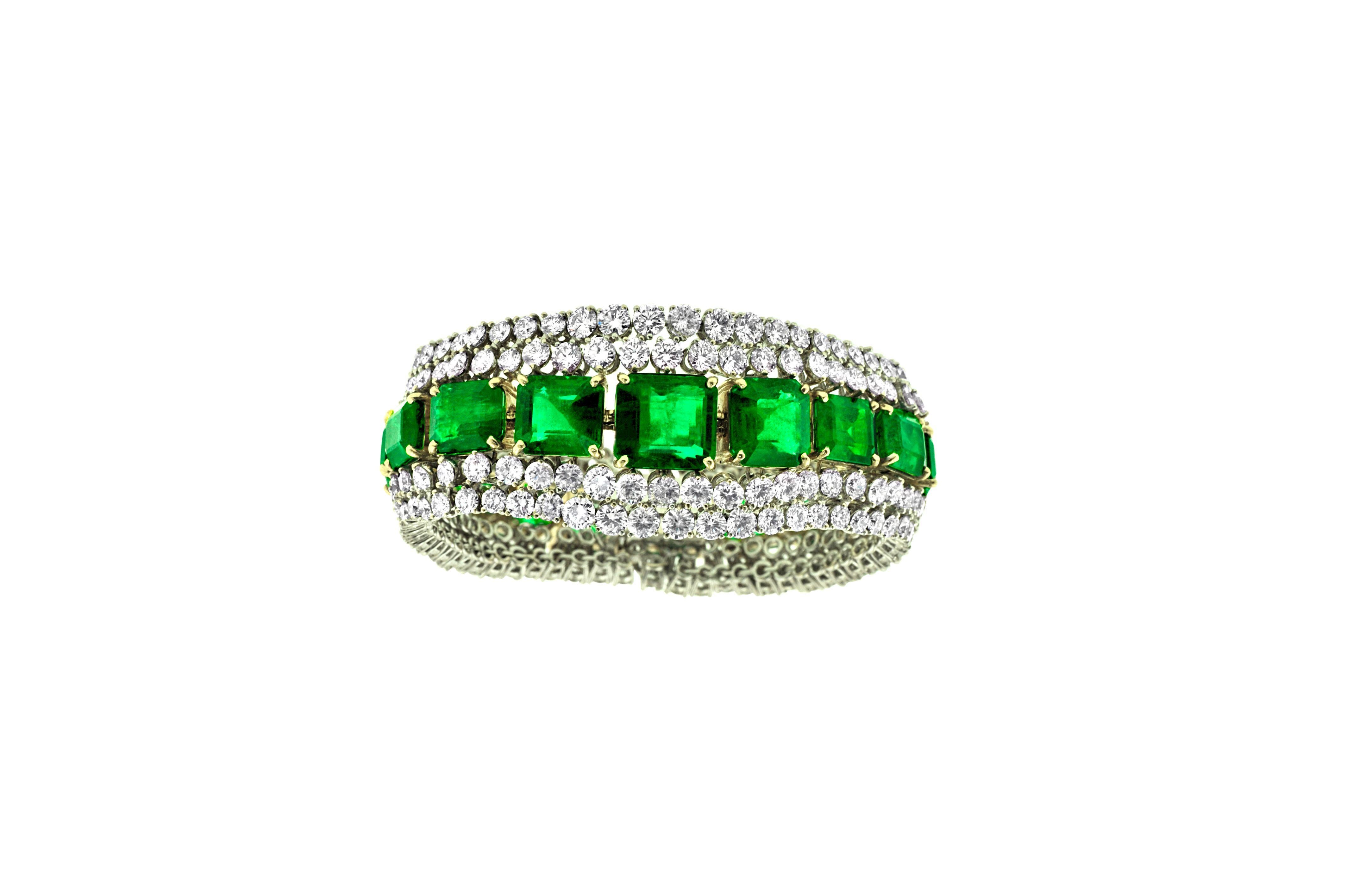 Emerald Cut Diana M. GIA Certified 69.29 Carat Emerald and Diamond Bracelet For Sale