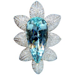 Broche pendentif en or 18 carats avec aigue-marine naturelle et diamants de 69,37 carats certifiés par le GIA