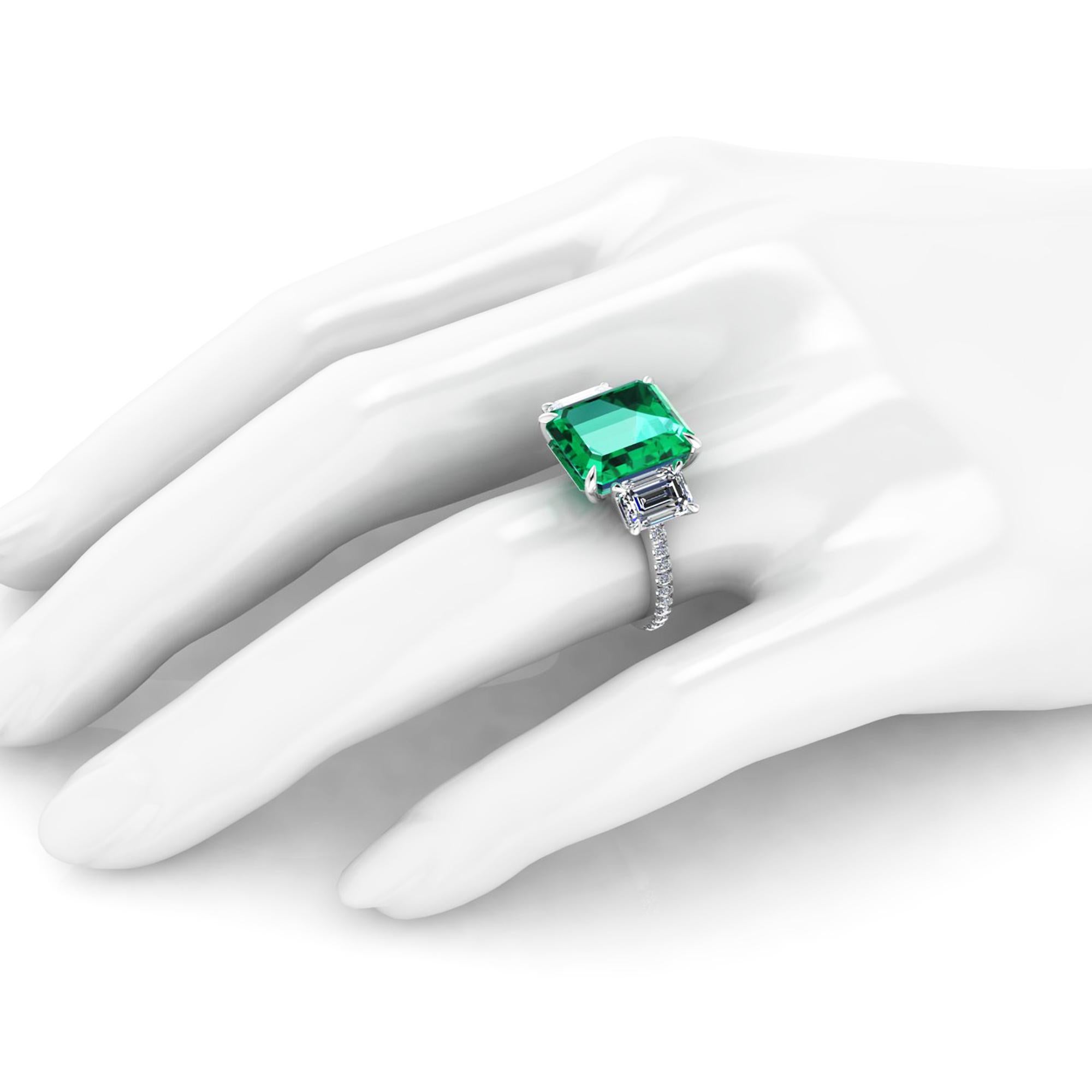 GRS Certified 6.31 Carat Emerald Cut Colombian Emerald Diamond Platinum Ring 2