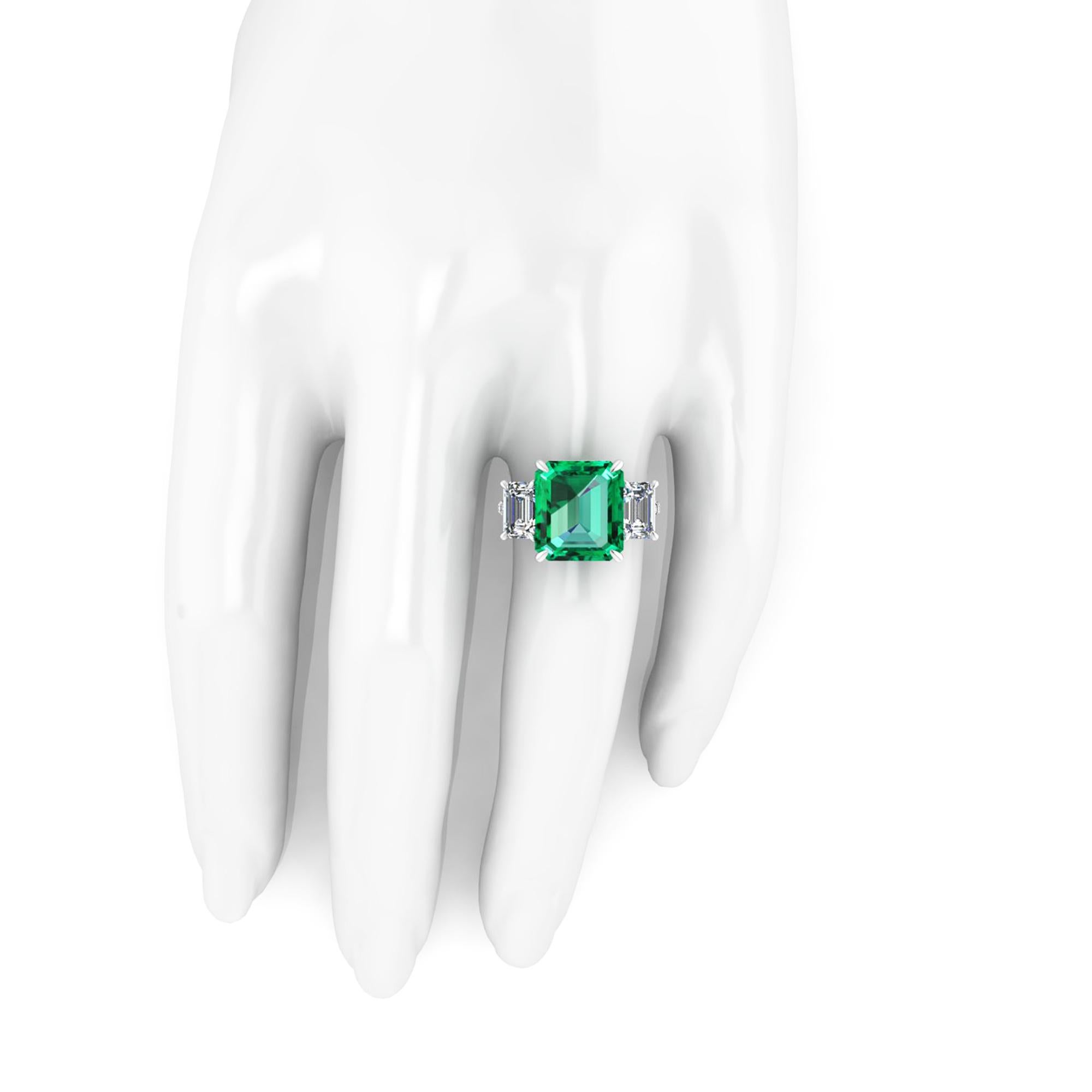GRS Certified 6.31 Carat Emerald Cut Colombian Emerald Diamond Platinum Ring 3