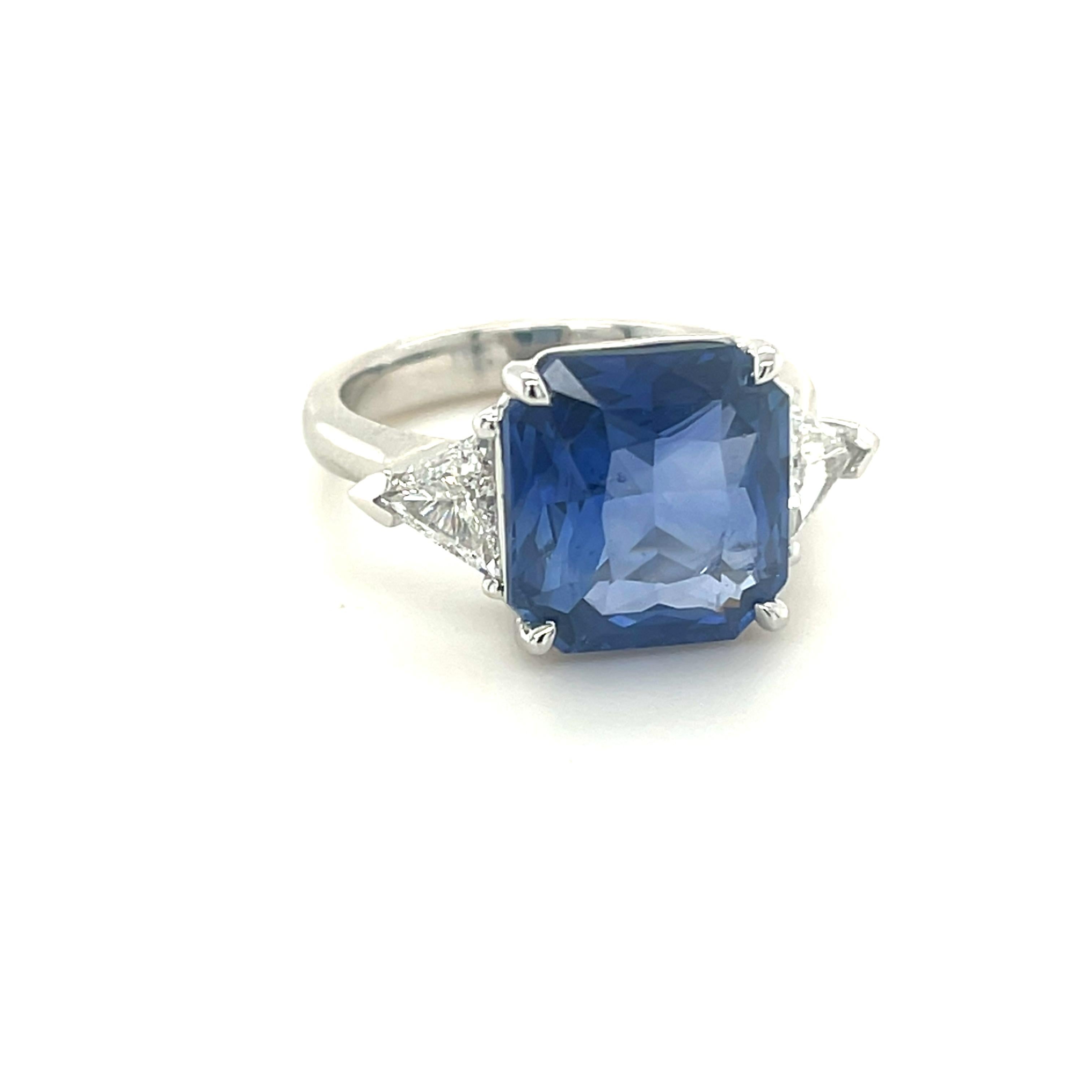 Modern GIA Certified 6.96 Carat Radiant Cut Ceylon Sapphire & Diamond Ring in Platinum For Sale