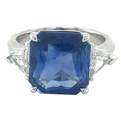 GIA Certified 6.96 Carat Radiant Cut Ceylon Sapphire & Diamond Ring in Platinum