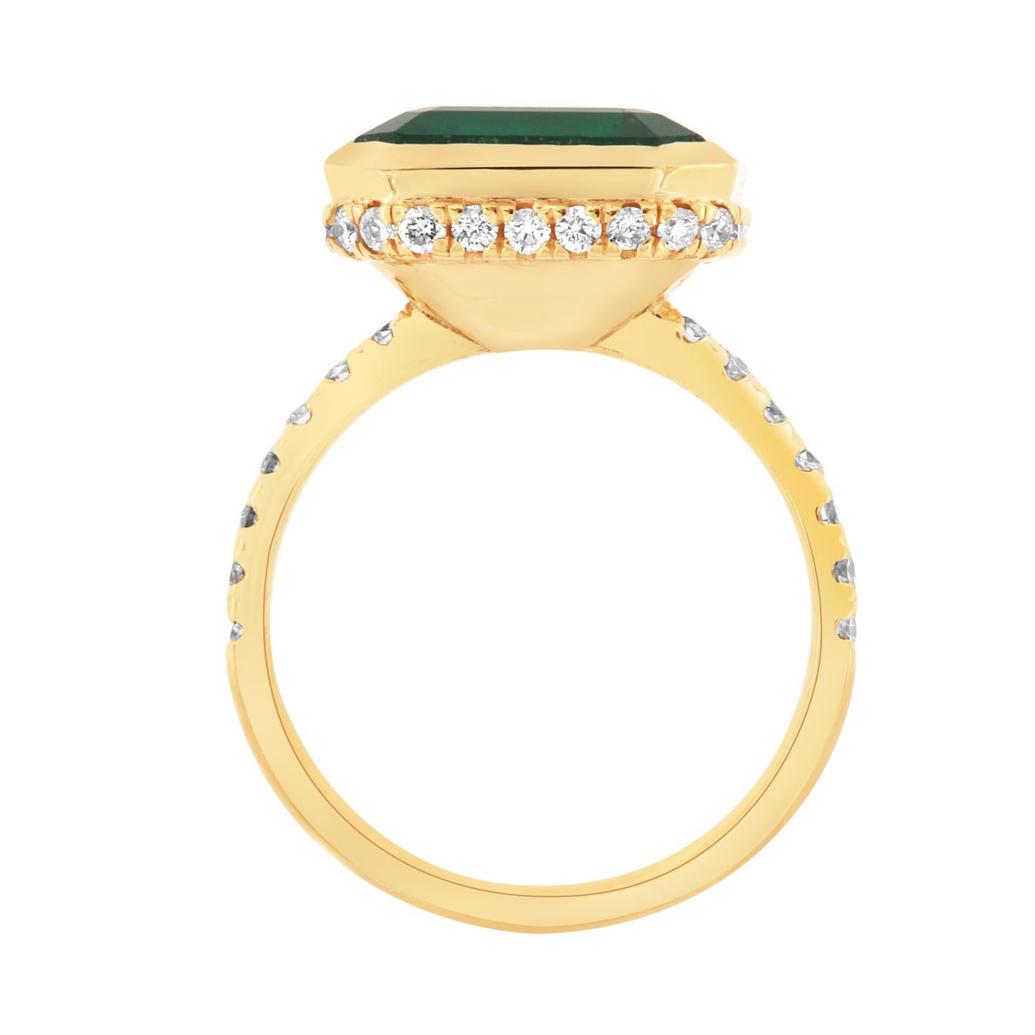 GIA Certified 6.98 Carat Green Emerald 14k Yellow Gold Hidden Halo Diamond Ring In New Condition In San Francisco, CA