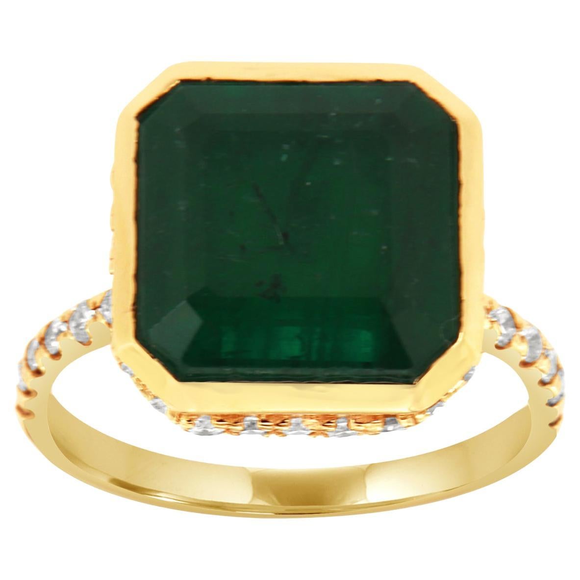 GIA Certified 6.98 Carat Green Emerald 14k Yellow Gold Hidden Halo Diamond Ring