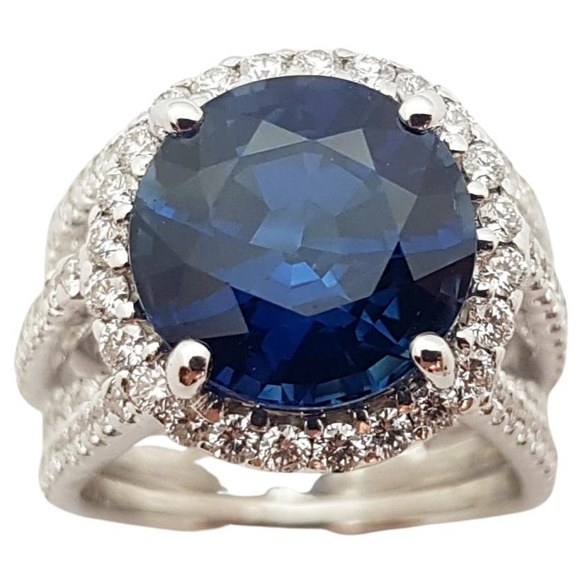 GIA Certified 6cts Round Blue Sapphire with Diamond Ring in 18K White Gold For Sale