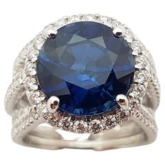 GIA Certified 6cts Round Blue Sapphire with Diamond Ring in 18K White Gold