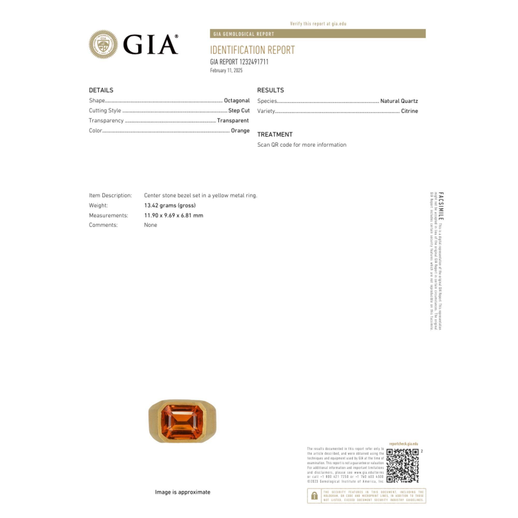 Modern GIA Certified 7 Carat Emerald Cut Citrine 18K Gold Solitaire Bezel Set Mens Ring