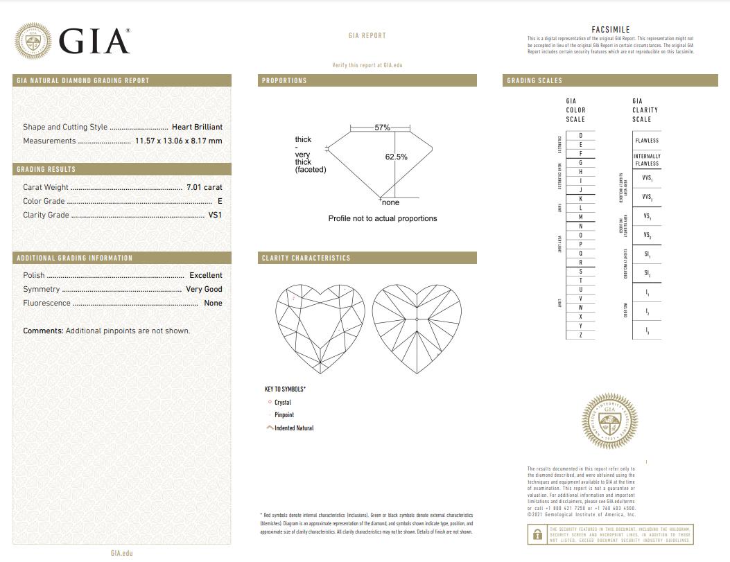 Women's or Men's GIA Certified 7 Carat Heart Cut Diamond Platinum Ring For Sale