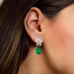 Certified 8 Carat Pear Cut Green Emeralds Diamond Cluster Earrings