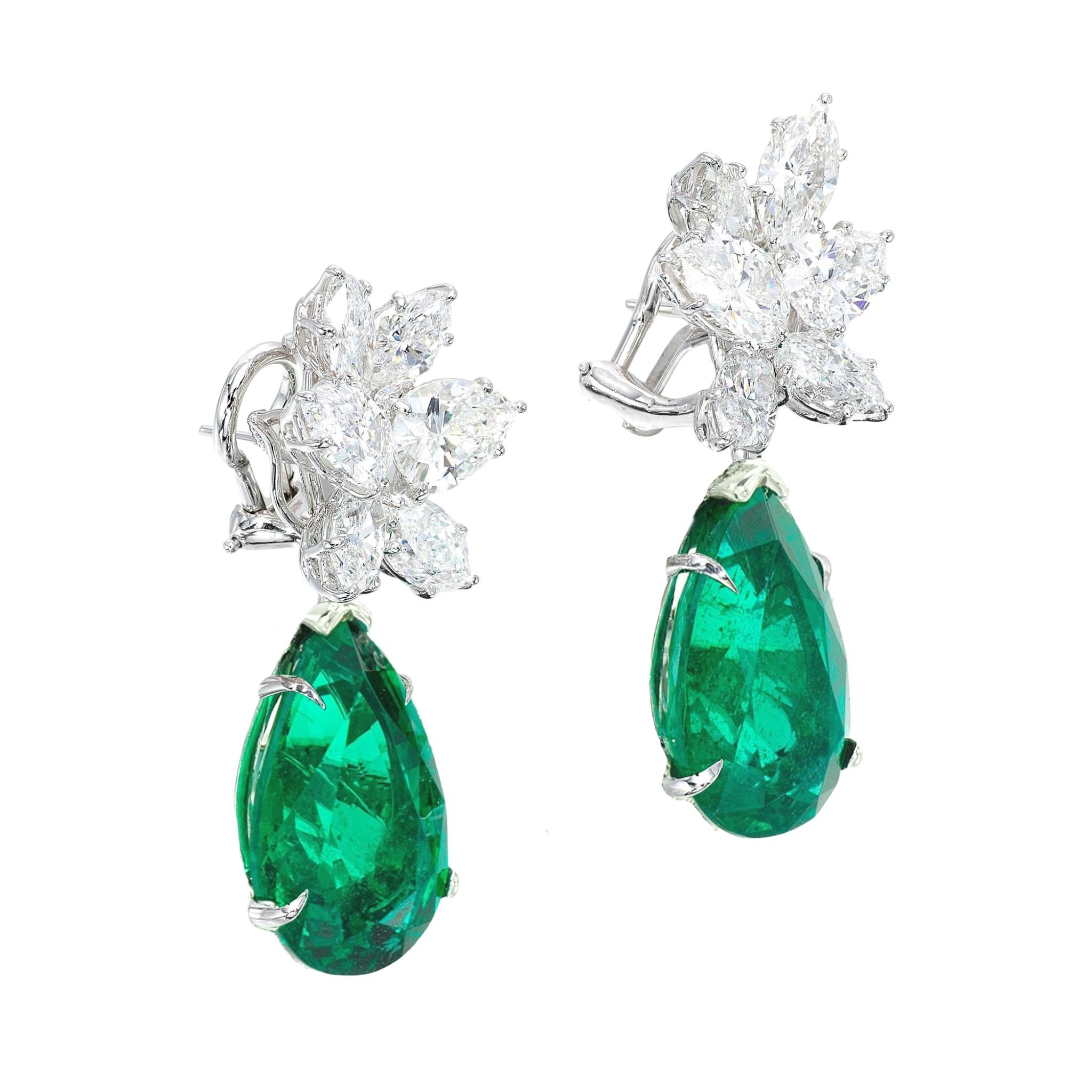 Women's or Men's Certified 8 Carat Pear Cut Green Emeralds Diamond Cluster Earrings For Sale