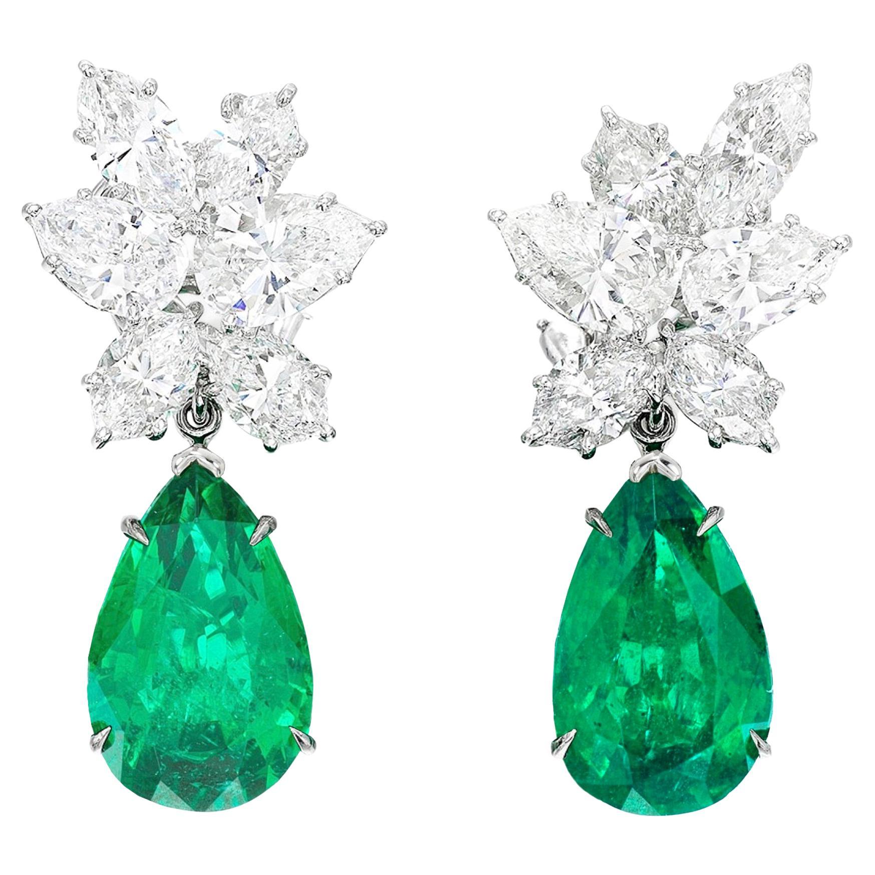 Certified 8 Carat Pear Cut Green Emeralds Diamond Cluster Earrings For Sale