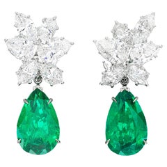 Certified 8 Carat Pear Cut Green Emeralds Diamond Cluster Earrings