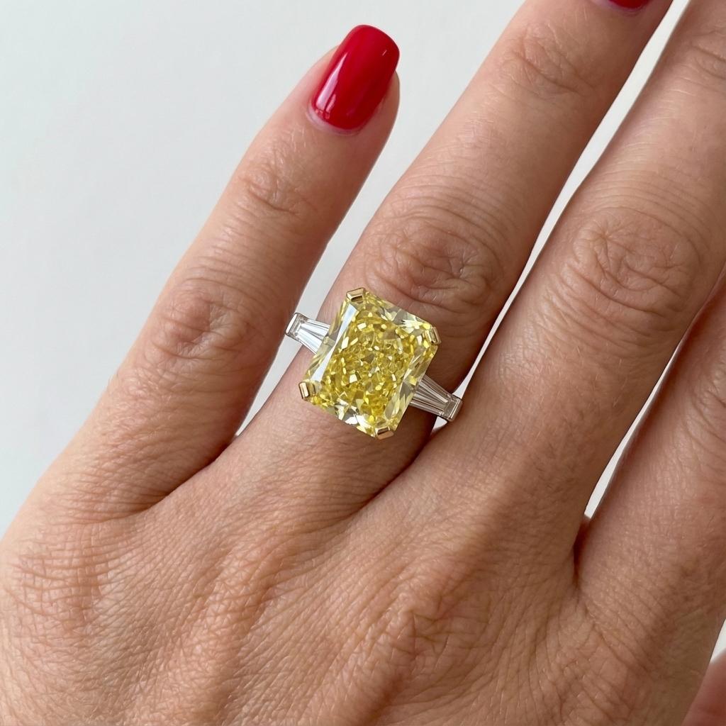 This remarkable engagement ring captures the perfect balance between radiant color and refined craftsmanship. It features a 7 carat radiant cut diamond set at the center, held gracefully in a combination of platinum and 18K yellow gold.

The diamond