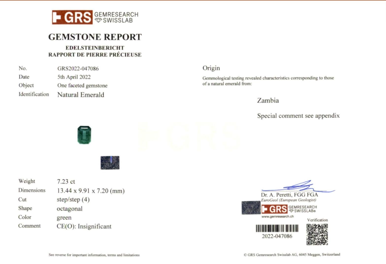 GRS Certified 7 Carat Green Emerald Diamond Platinum Ring In New Condition For Sale In Chicago, IL