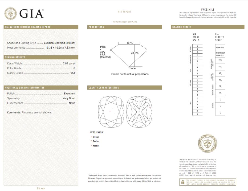 GIA certified 7 ct cushion cut diamond, boasting an G color grade and VS1 clarity, set upon an platinum band. This centerpiece gem embodies elegance and brilliance, characterized by the cushion cut's brilliant facets, which accentuate its inherent