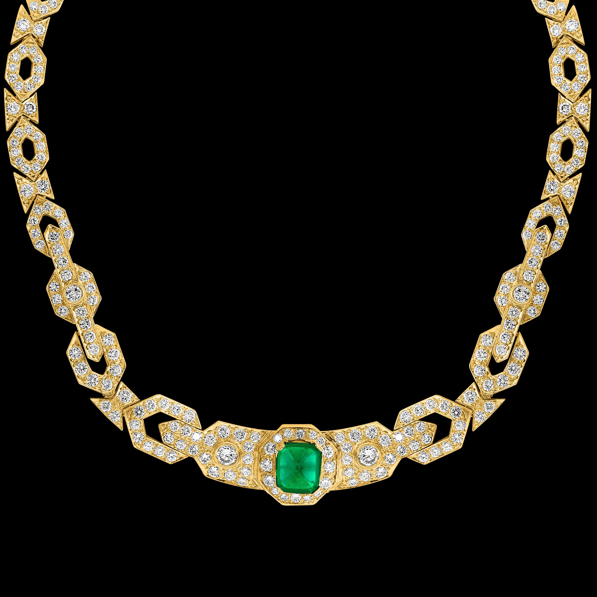 
Approximately 7 Carat  Colombian Emerald  Sugar Loaf Cabochon and 
approximately  22 Carats of Diamond Necklace, Estate with no color enhancement.
 Diamonds: approximate 22 Carat 
18 Karat Yellow Gold 75 Grams
Emerald: 7 Carat 
Measurement of the