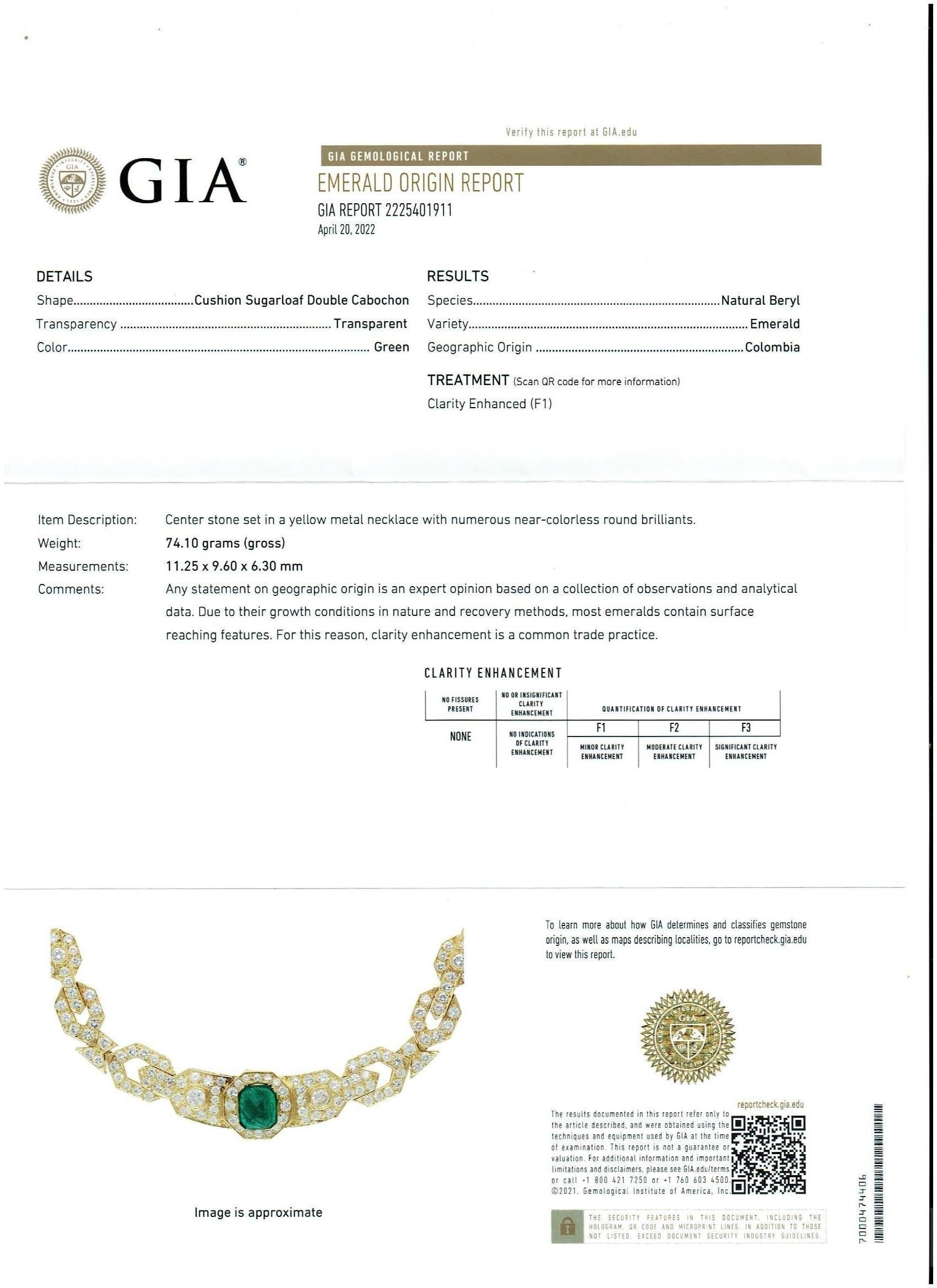 GIA Certified 7 Ct Sugar Loaf Cabochon Colombian Emerald Diamond Necklace 18KYG For Sale 2