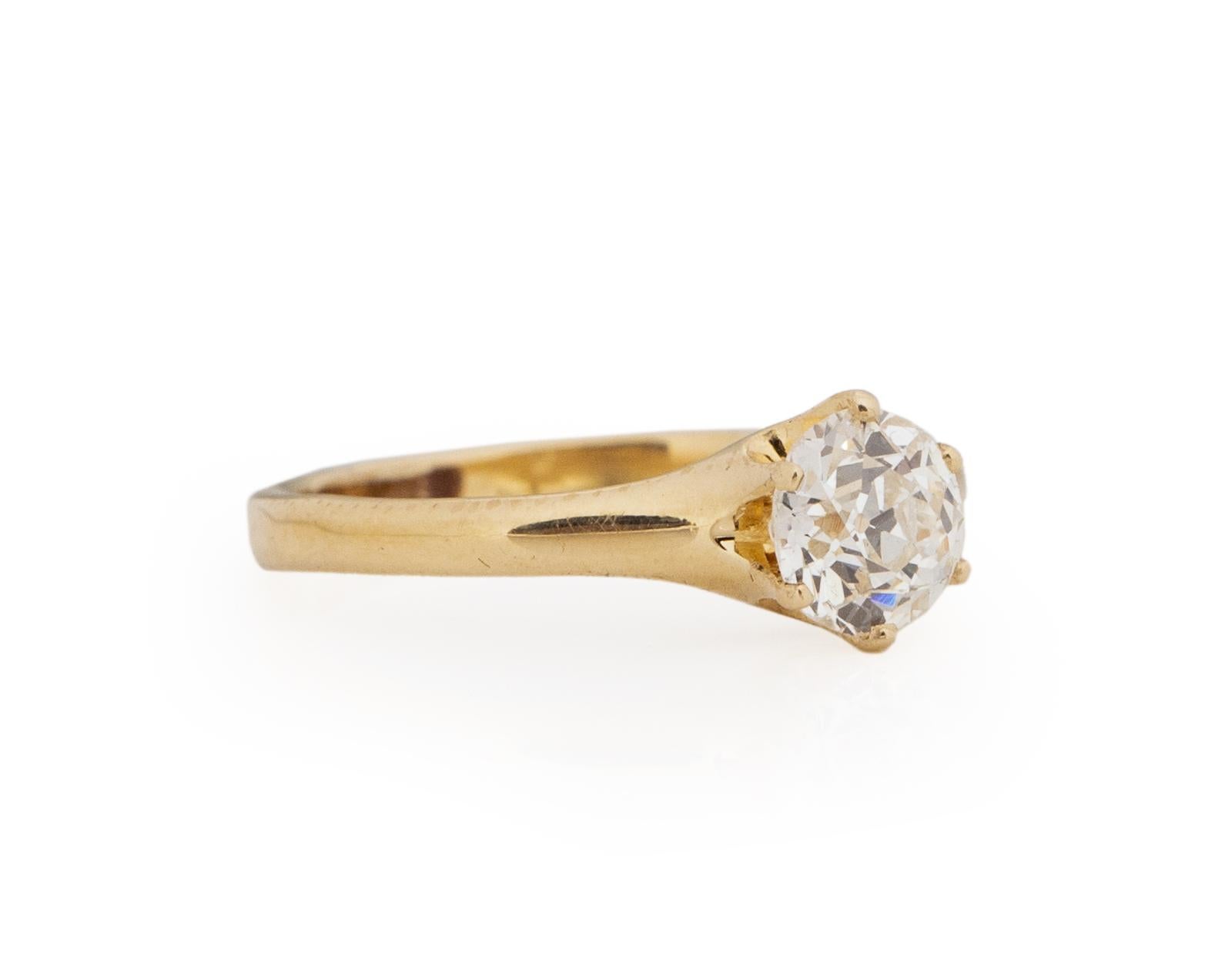 Ring Size: 4.75
Metal Type: 14karat Yellow Gold [Hallmarked, and Tested]
Weight: 2.0 grams

Center Diamond Details:
GIA REPORT #: 5211864161
Weight: .70carat
Cut: Old European brilliant
Color: H
Clarity: SI1
Measurements: 5.72mm x 5.39mm x