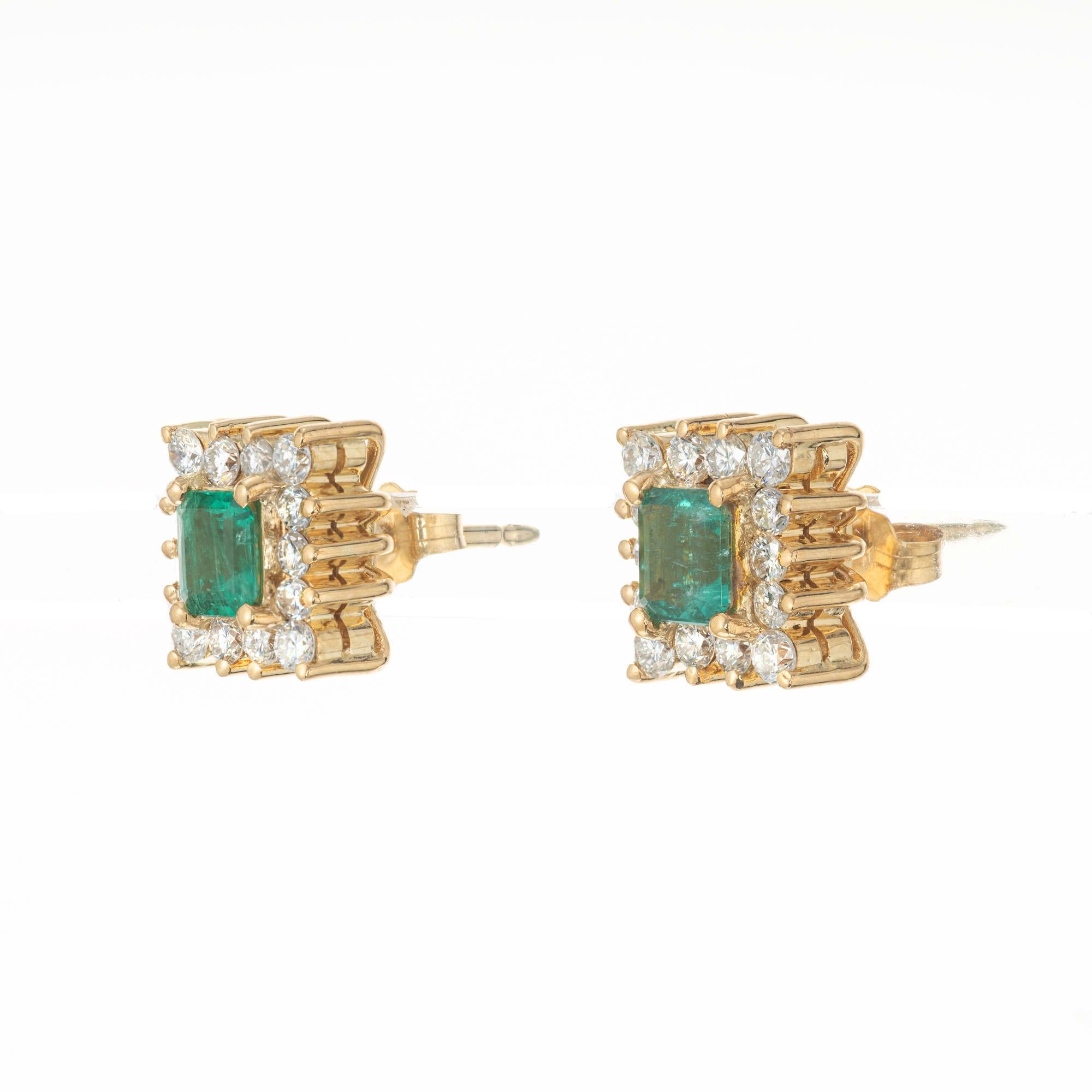 Emerald and diamond stud earrings. GIA Certified natural green emerald cut emeralds with a halo of 28 round brilliant cut diamonds in handmade 18k yellow gold settings. 

2 emerald cut green emeralds, I approx. .70cts
28 round brilliant cut