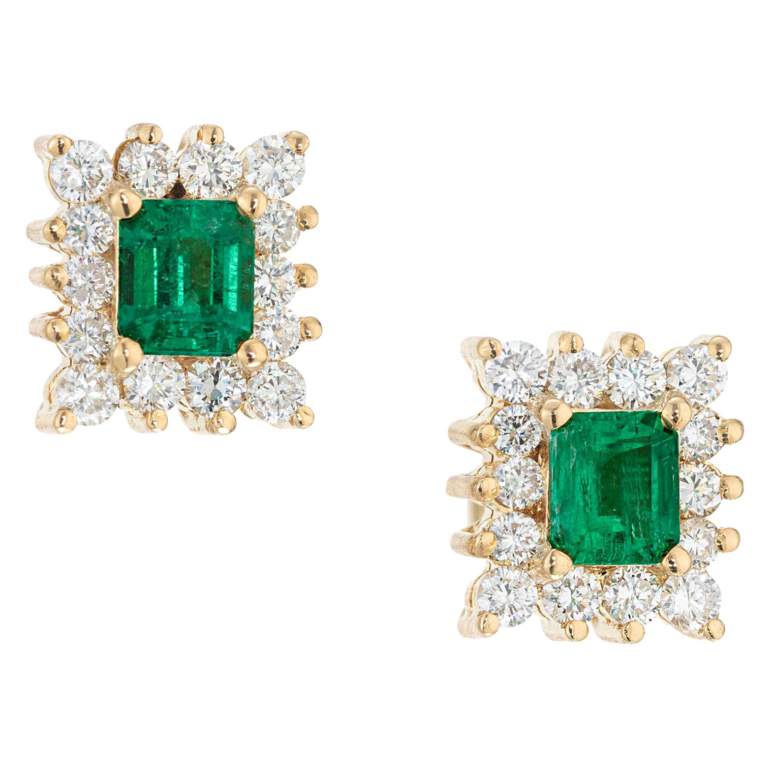 GIA Certified .70 Carat Emerald Diamond Halo Yellow Gold Earrings