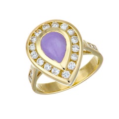 GIA Certified .70 Carat Purple Cabochon Jade Diamond Yellow Gold Ring