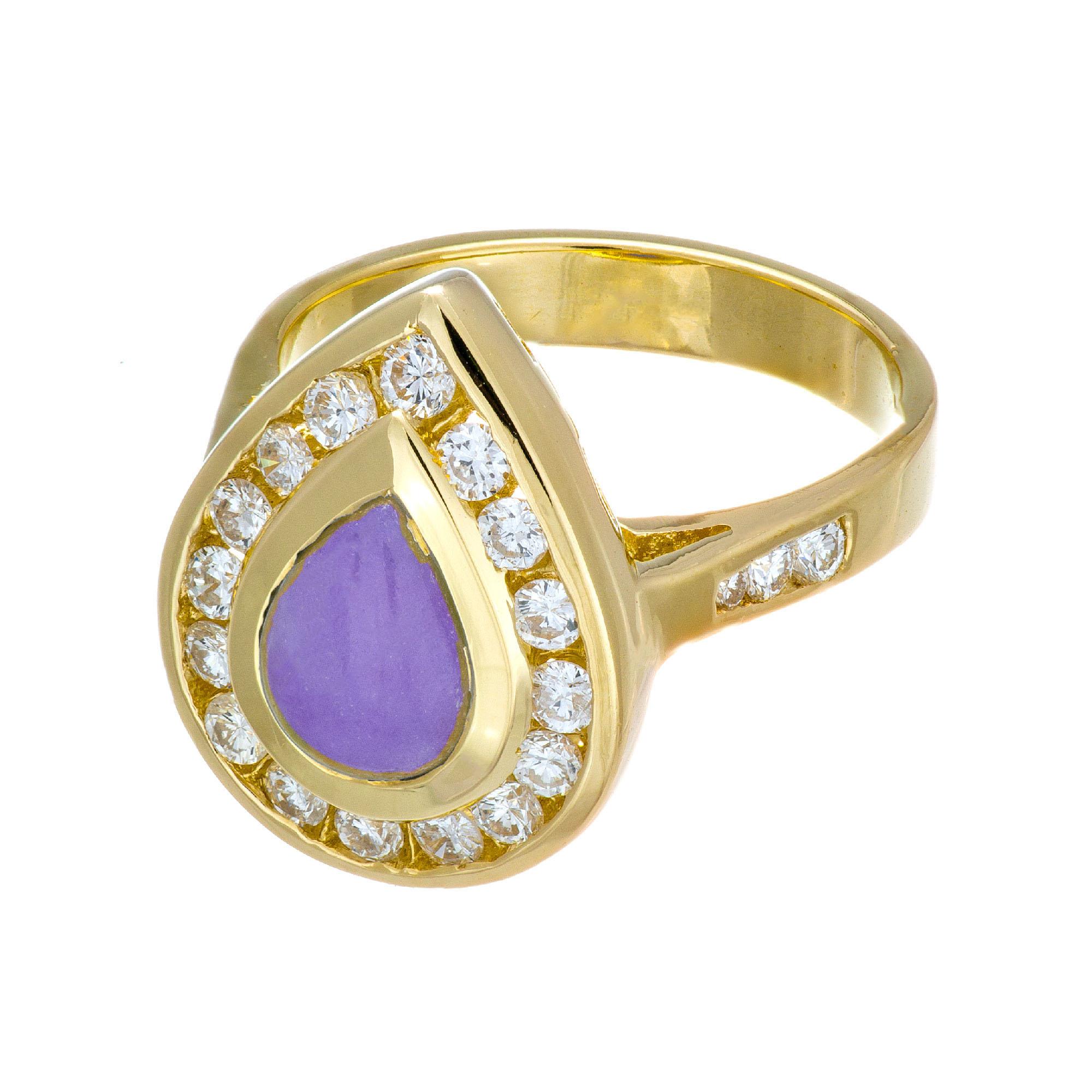 Pear Cut GIA Certified .70 Carat Purple Cabochon Jade Diamond Yellow Gold Ring For Sale
