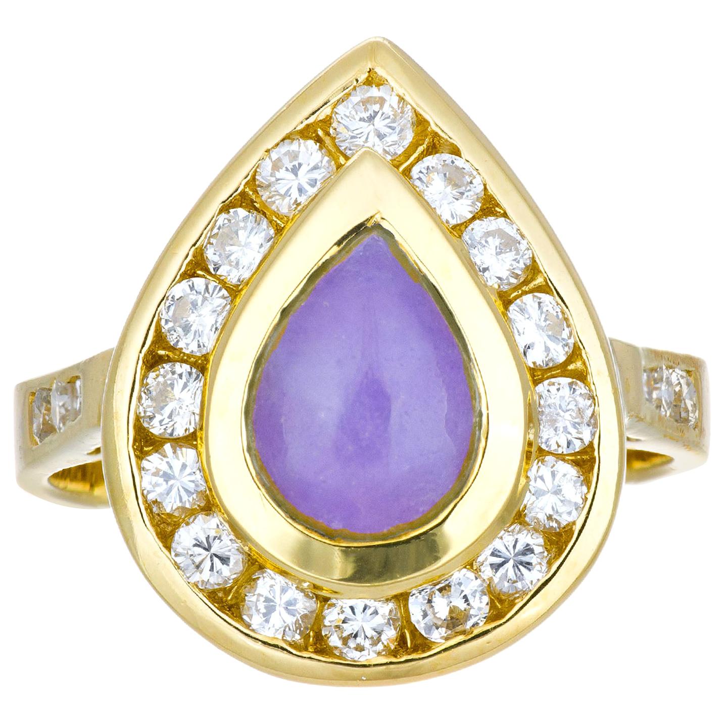 GIA Certified .70 Carat Purple Cabochon Jade Diamond Yellow Gold Ring For Sale