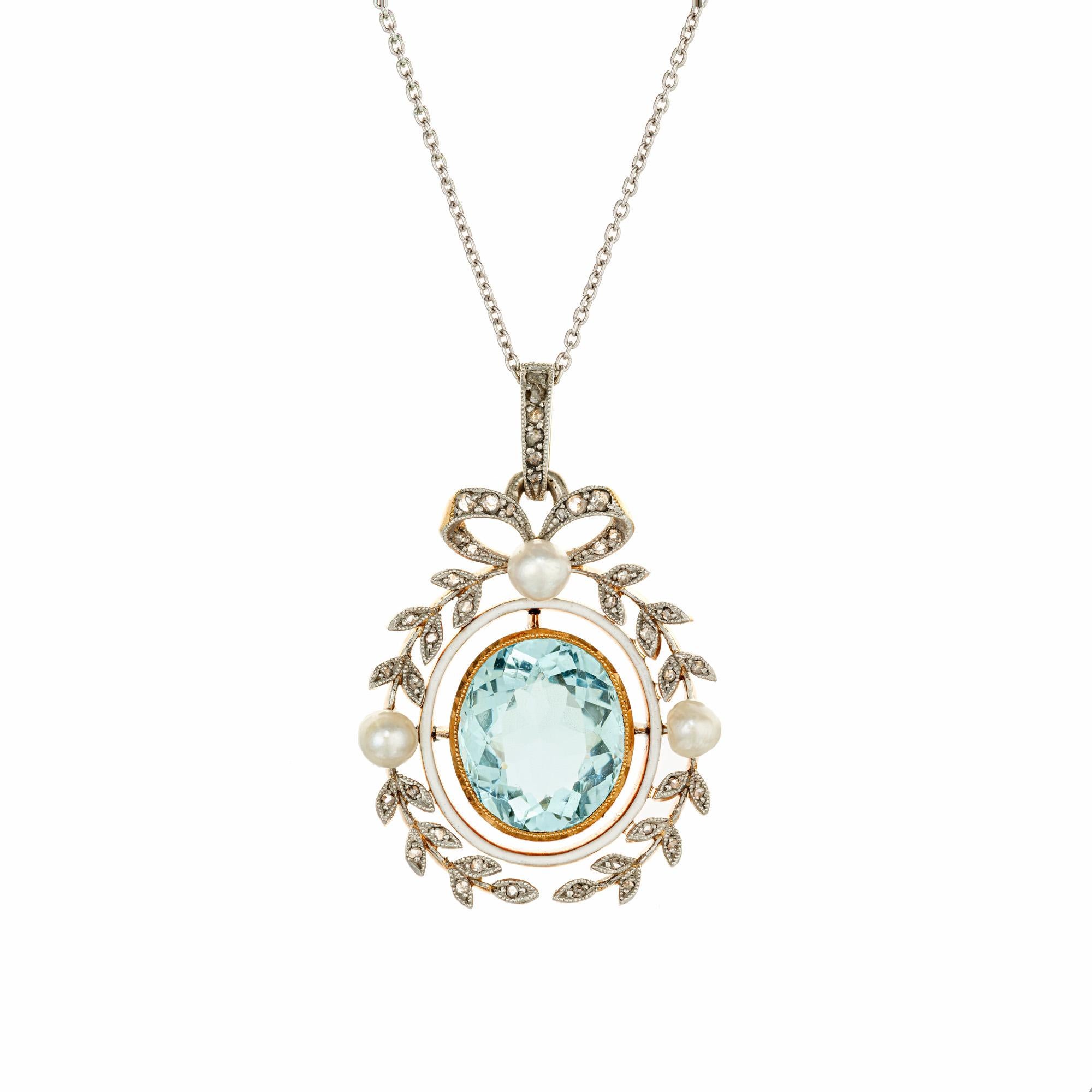 1860's civil war era handmade aqua, pearl and diamond pendant necklace. 7.00ct oval, light blue aqua center stone, set in a platinum and 14k yellow gold setting with 3 GIA certified natural white saltwater pearls, accented with 42 rose cut diamonds.