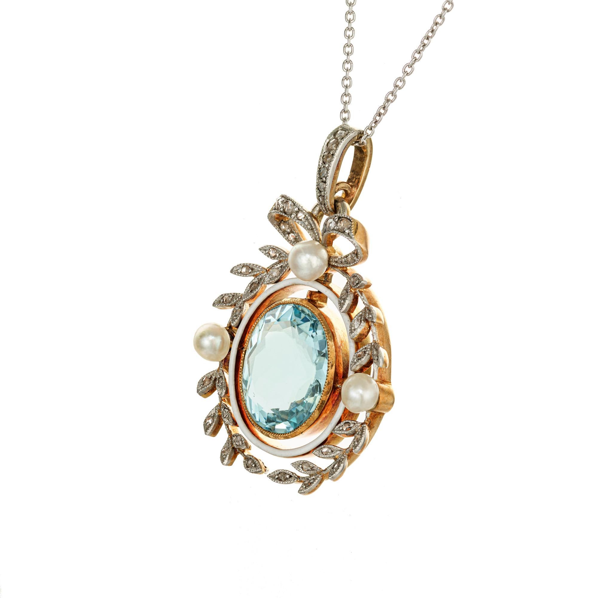Taille ovale Collier pendentif victorien en platine avec perle d'aigue-marine de 7,00 carats et diamants certifiés GIA  en vente